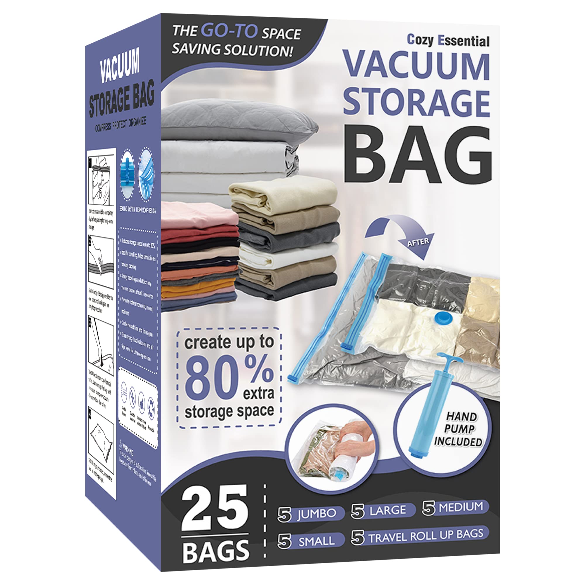 Cozy Essential Vacuum Storage Bags, 80% Compression Vacuum Seal Space Saver Plastic Packaging Bags for Clothes, Blankets, Pillow, Bedding, Comforters, Sealer Clothing Storage,20 Combo