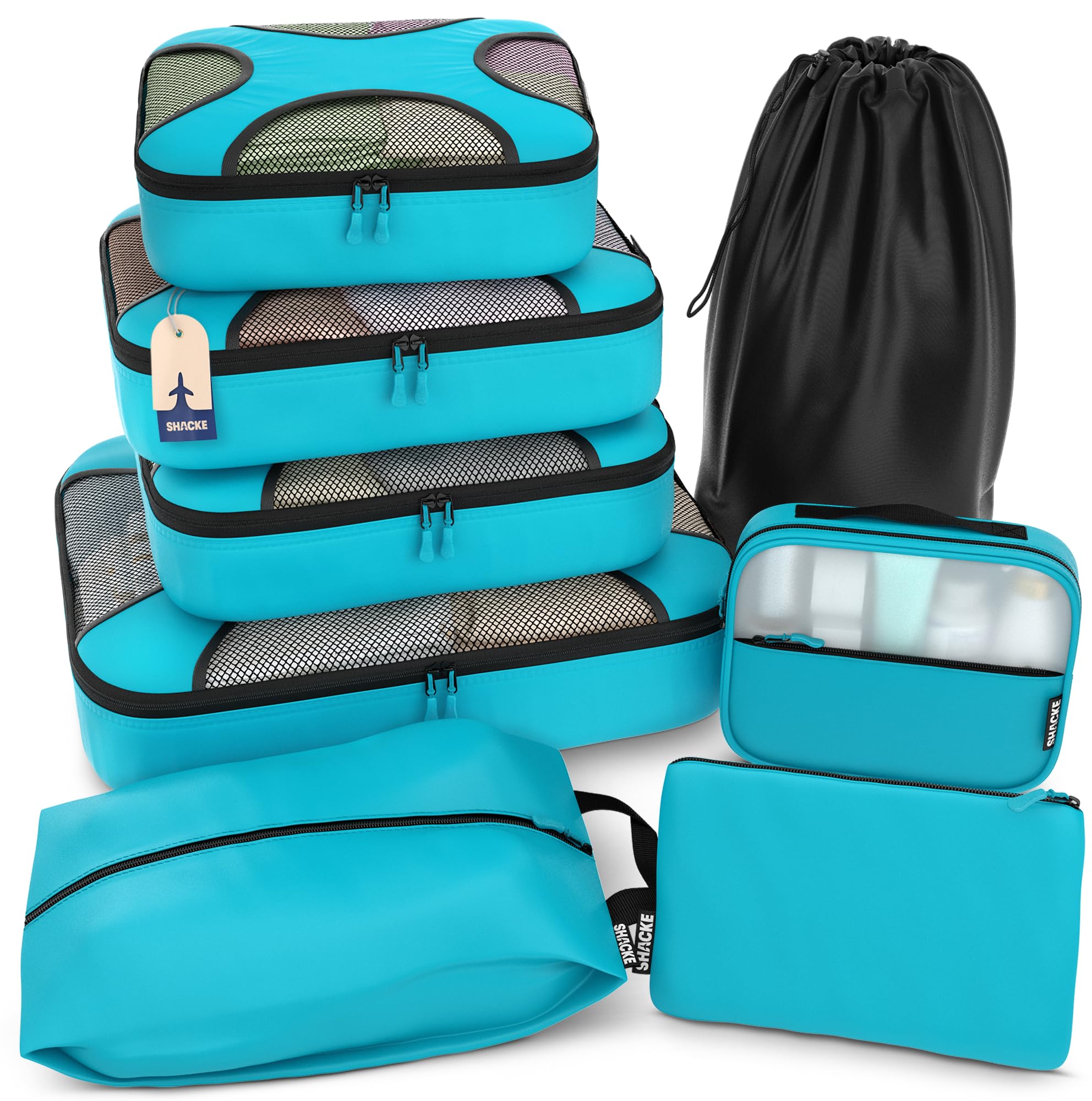 Shacke 5 Set Packing Cubes for Travel with Laundry Bag (Pure Black) | Suitcase Organizer Bags Set: 4 Water-Resistant Luggage Cubes, XL to Small, + Laundry Bag for Carry-On or Checked