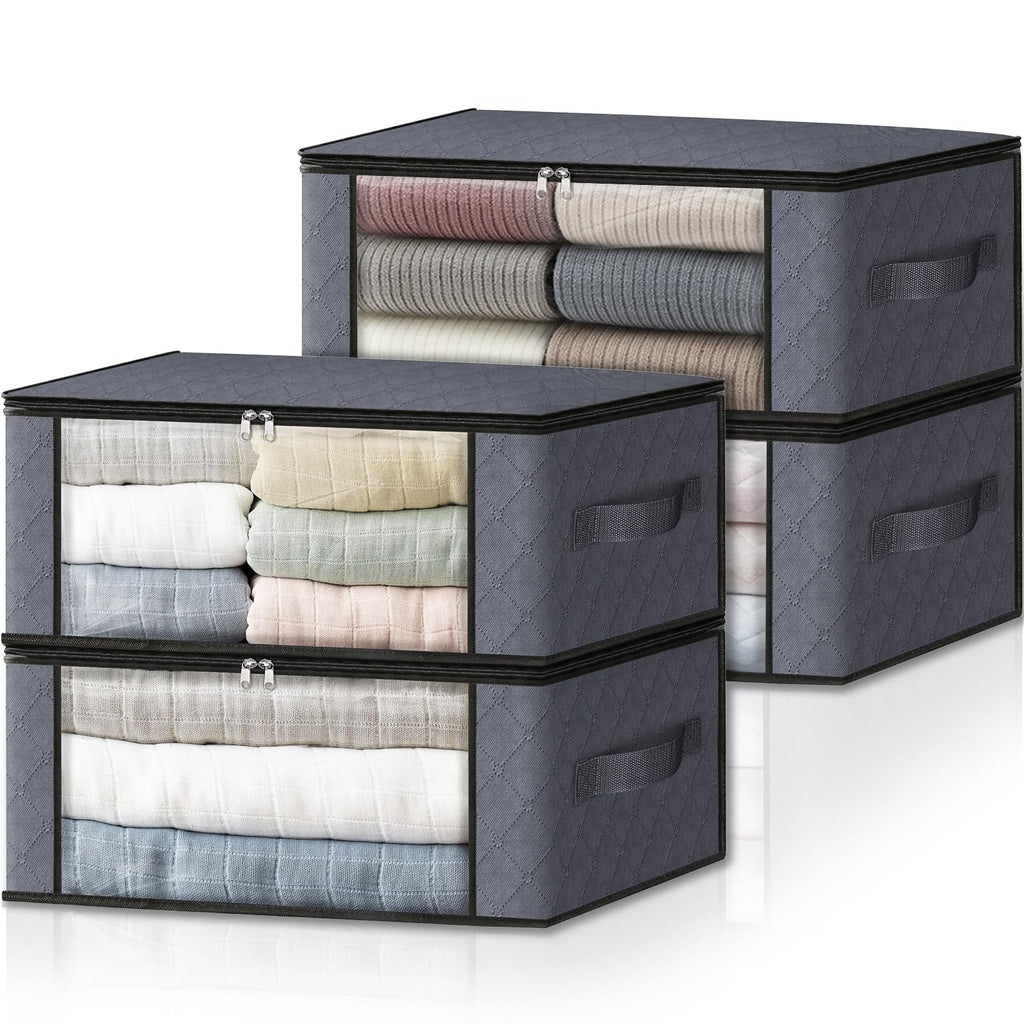 HomeHacks 3-Pack Clothes Organizer Storage Bags, 35L Storage Bins, Gray | Foldable Storage Box Container with Zippers, Clear Window, Reinforced Handles for Closet, Dorm, Pillows, Bedding, Sweater