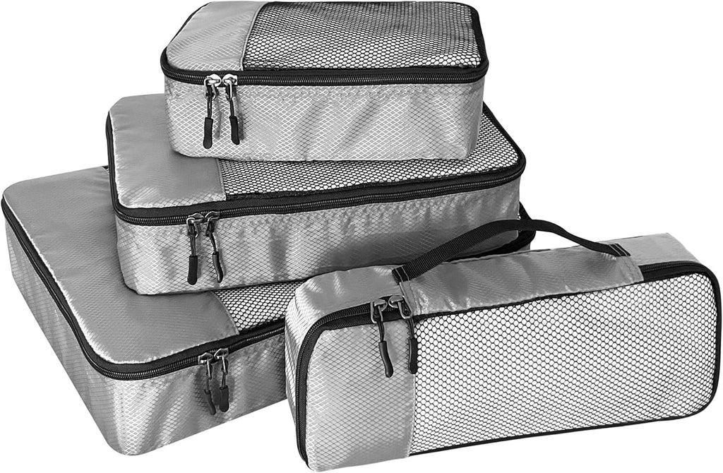 WTREE 4-Piece Packing Cubes Travel Accessories Set for Suitcases - Luggage Organizer Bags with Double Zipper - Mesh Top - Small/Medium/Large/Slim - Grey