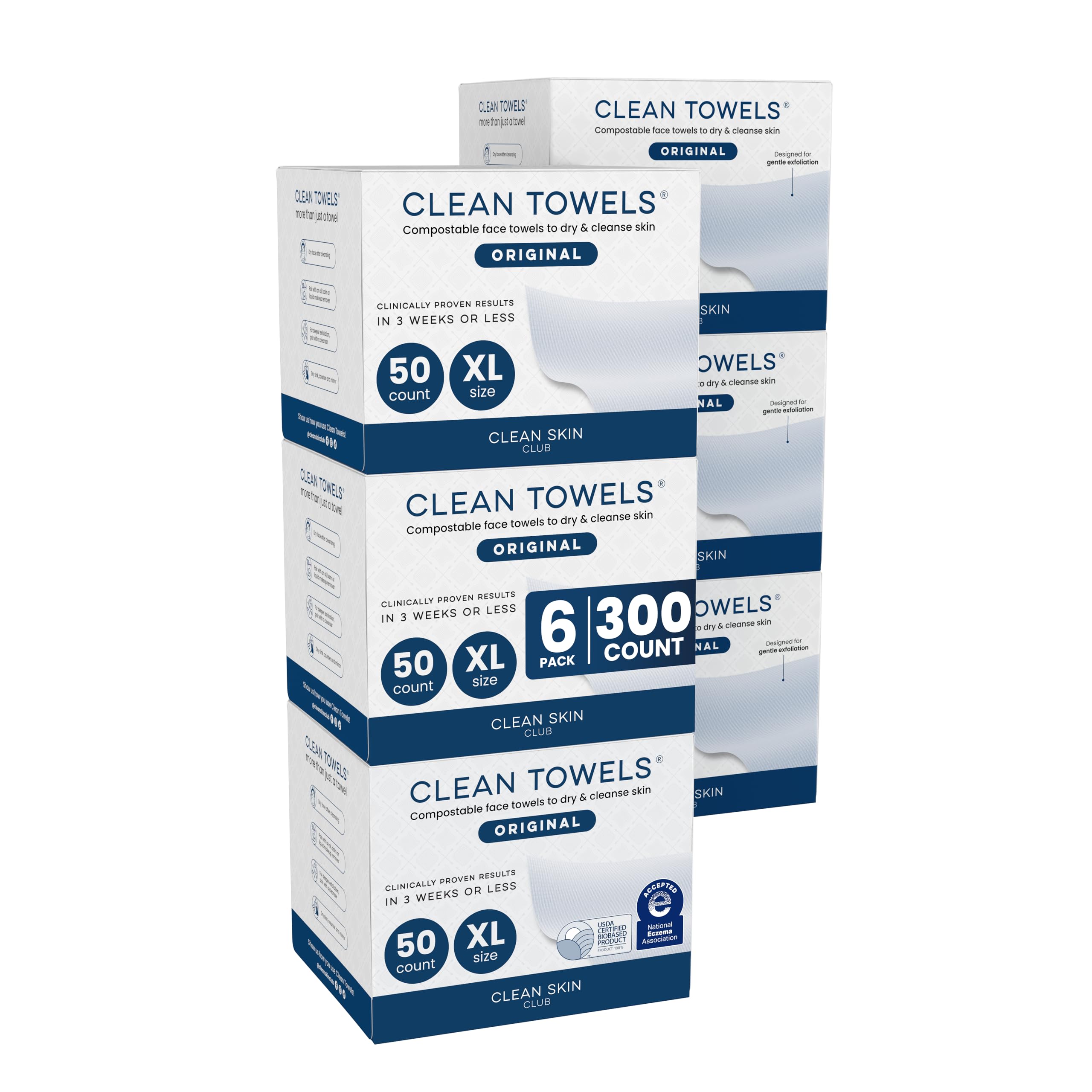 Clean Skin Club Clean Towels XL®, 100% USDA Biobased Face Towel, Disposable Face Towelette, Eczema Association Accepted, Makeup Remover Dry Wipes, Ultra Soft, 50 ct per pack, 2 Packs, 100 Ct Total