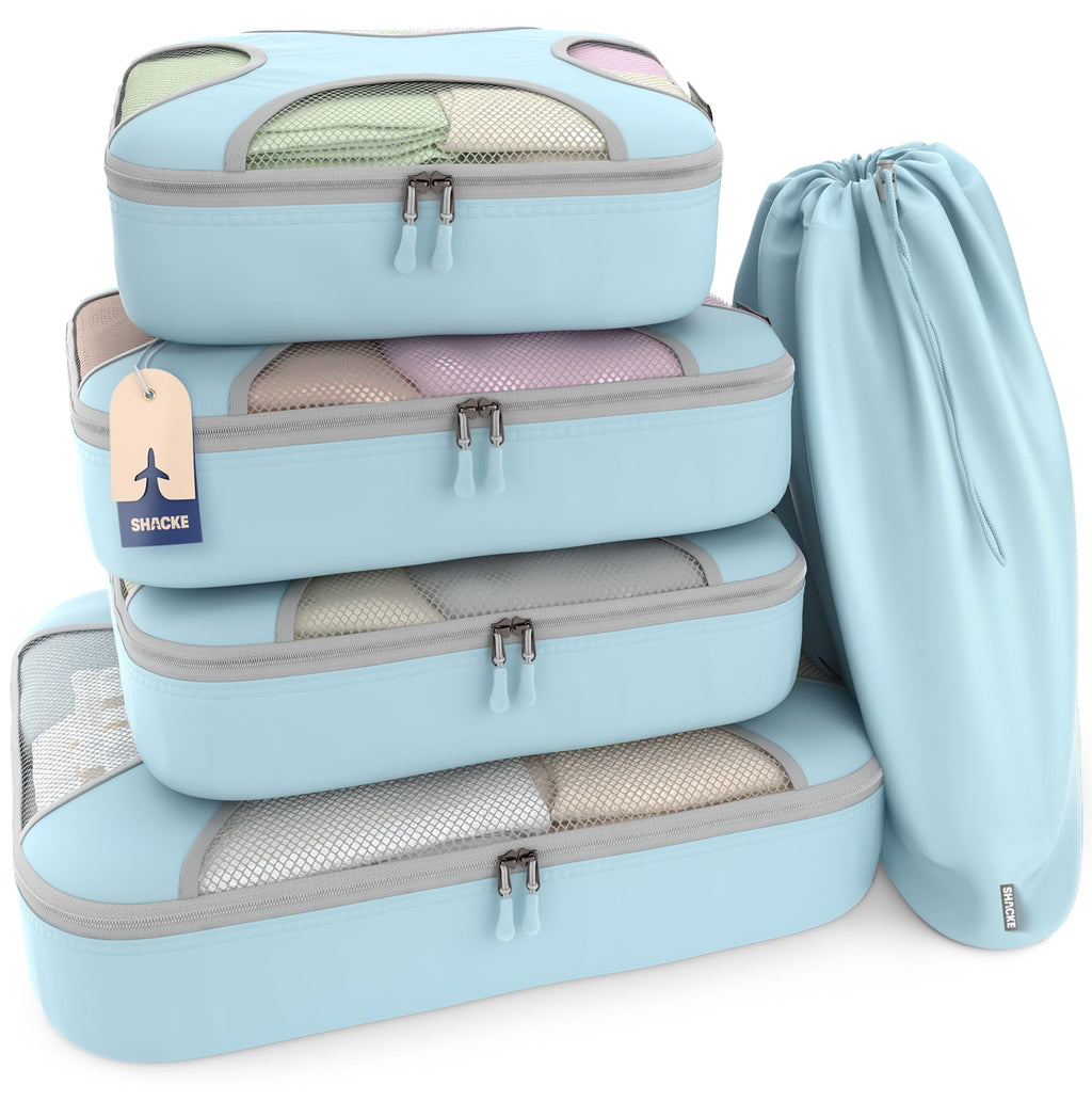 Shacke 5 Set Packing Cubes for Travel with Laundry Bag (Pure Black) | Suitcase Organizer Bags Set: 4 Water-Resistant Luggage Cubes, XL to Small, + Laundry Bag for Carry-On or Checked