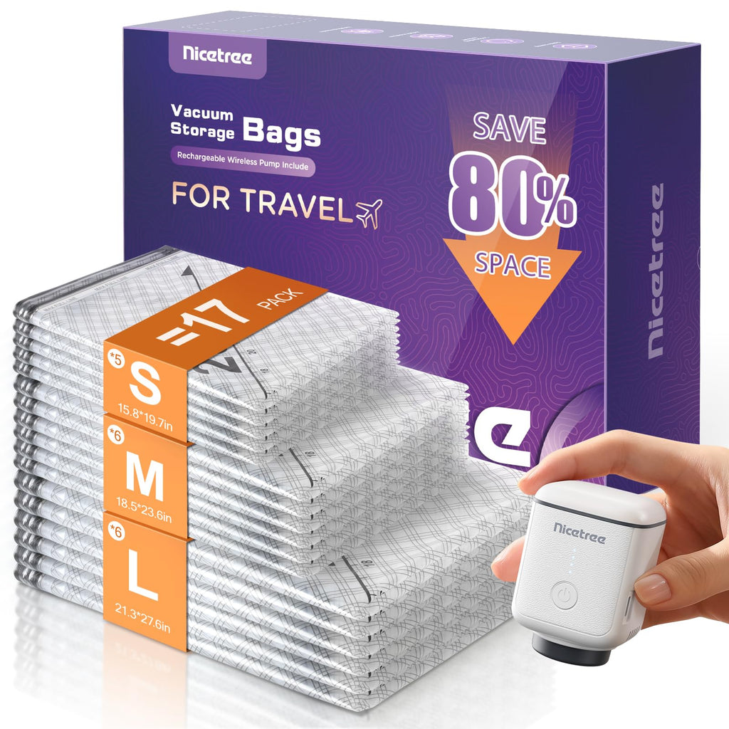 18-Pack Vacuum Bags for Travel with Rechargeable Pump, 3 Sizes | Compression Packing Bags for Carry-On Luggage and Suitcases. Space Saver Vacuum Seal Bags for Clothing and Home Storage