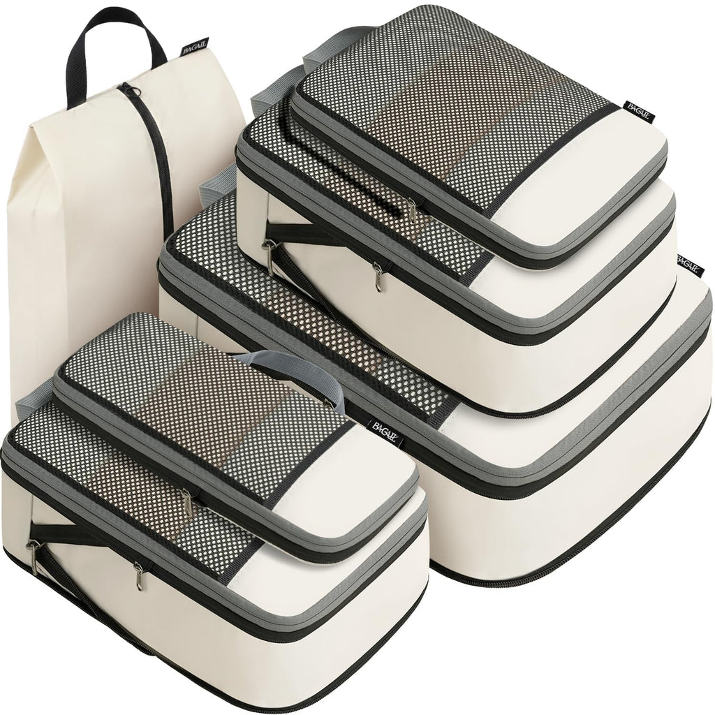 BAGAIL 4 Set/6 Set/8 Set Compression Packing Cubes Travel Accessories Expandable Packing Organizers (Half Mesh, 6-Black)