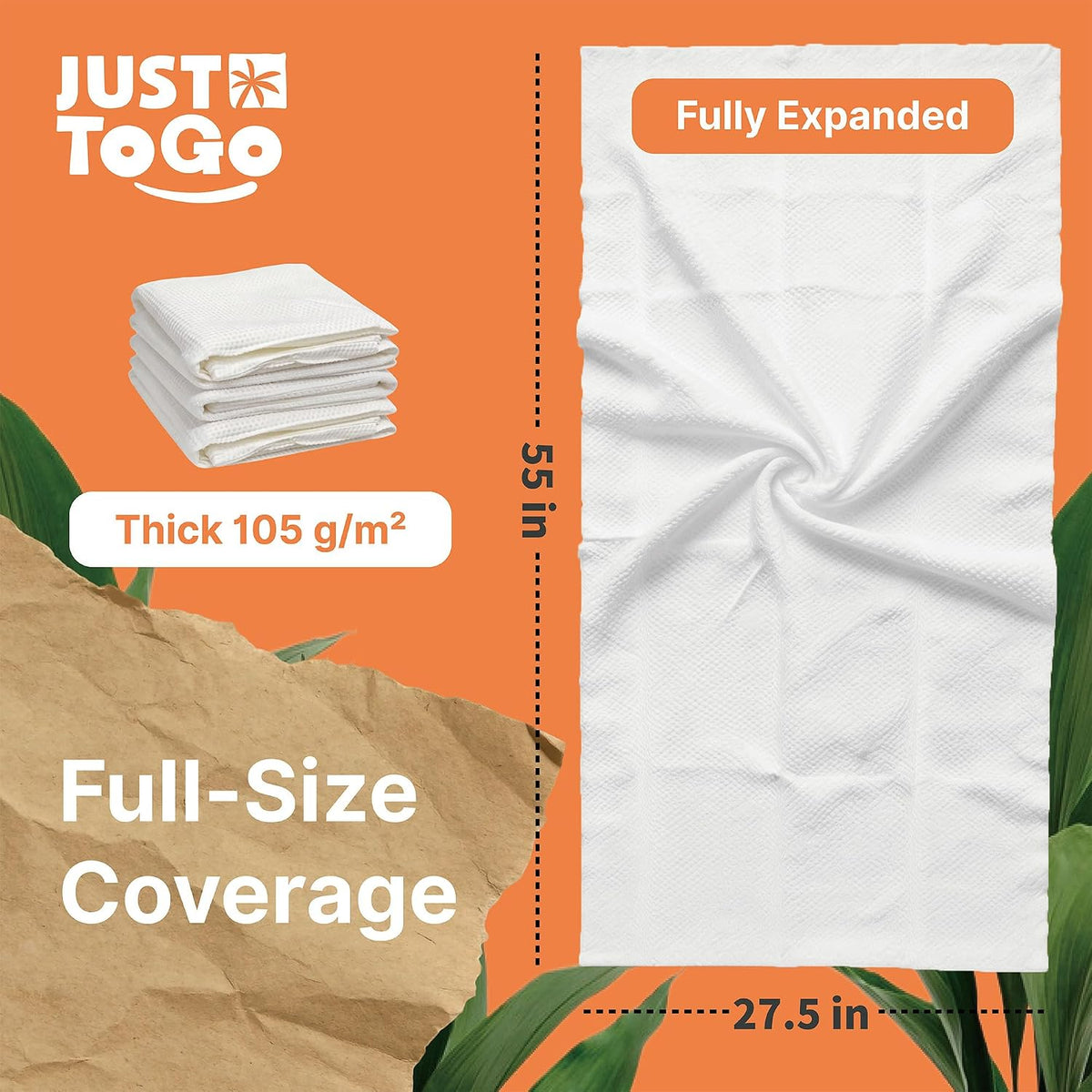 Disposable Bath Towels, 55 x 27.5 in, Vacuum Compressed, 3 Pack | FSC, 105g/㎡ , XL Size , Travel, Ultra-Soft, Plant-Based Fibers, Thick & Absorbent, Individually Wrapped, NO Water Needed