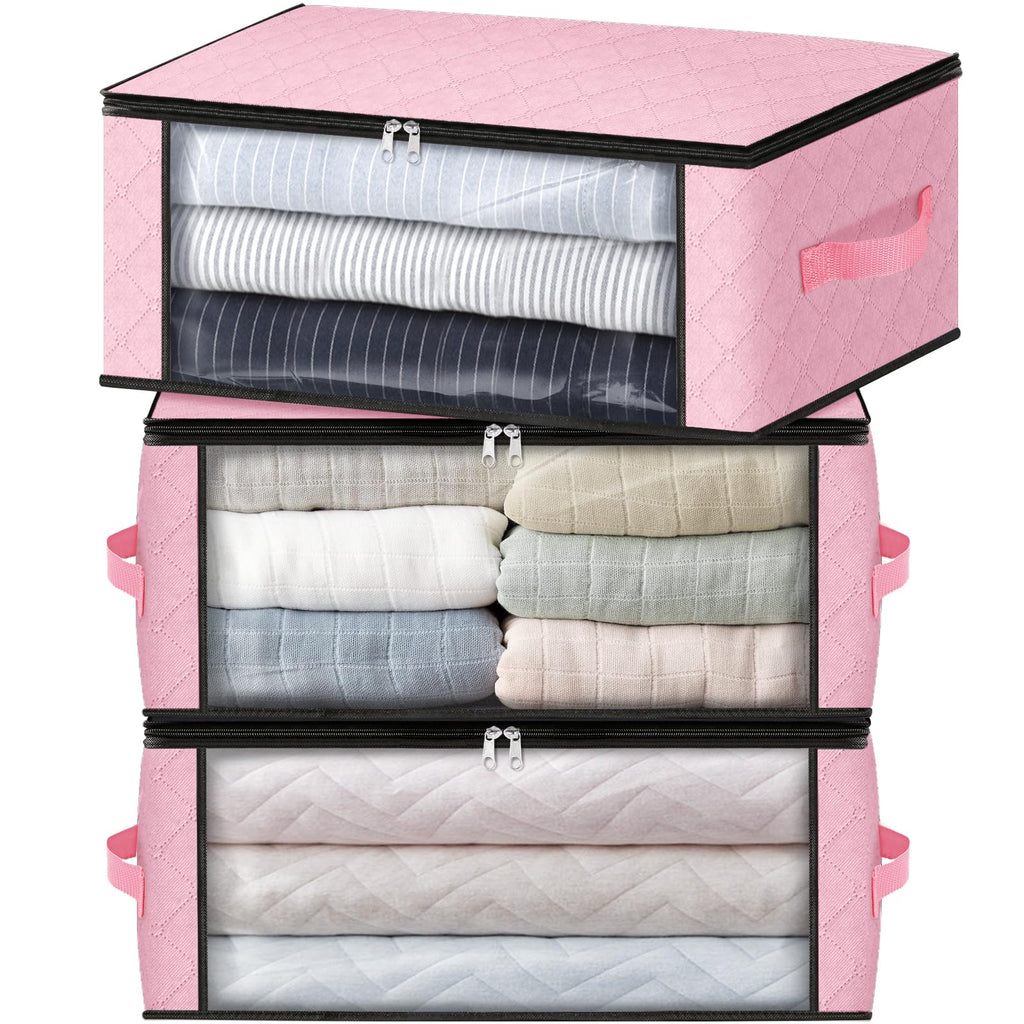 HomeHacks 3-Pack Clothes Organizer Storage Bags, 35L Storage Bins, Gray | Foldable Storage Box Container with Zippers, Clear Window, Reinforced Handles for Closet, Dorm, Pillows, Bedding, Sweater