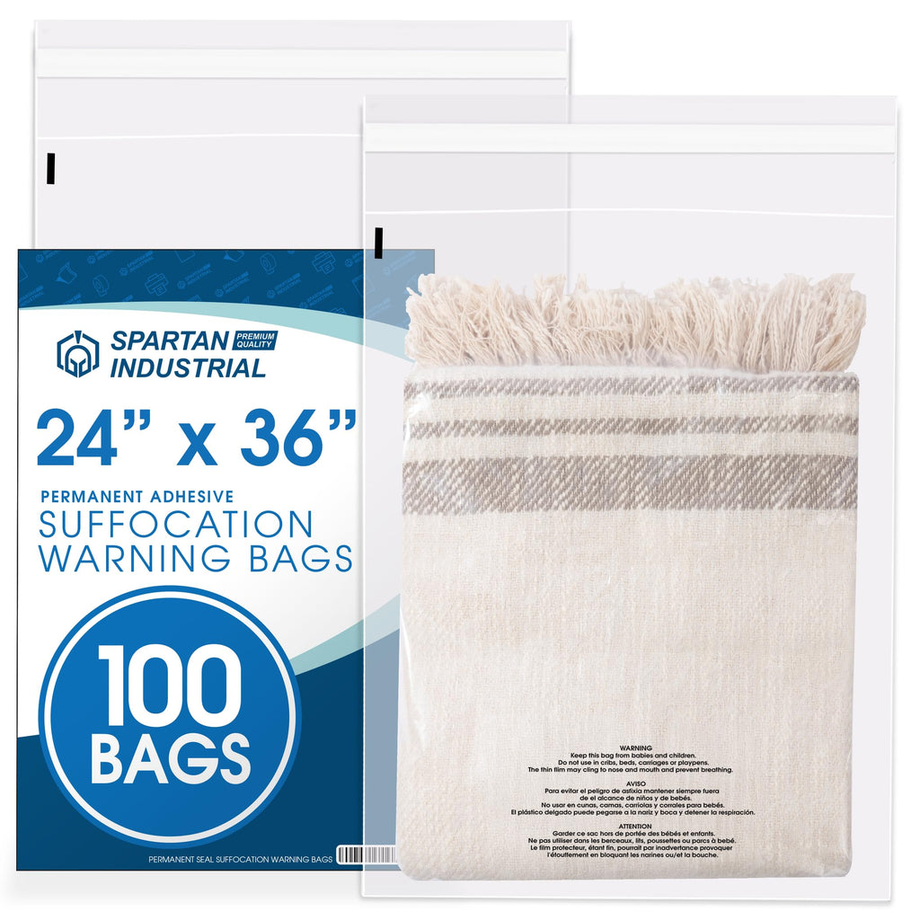 12" X 18" (500 Count) Self Seal Clear Poly Bags with Suffocation Warning | for Packaging and Clothes - Permanent Adhesive - Spartan Industrial