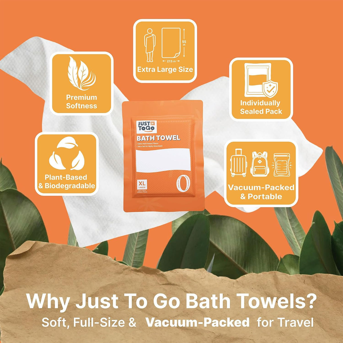Disposable Bath Towels, 55 x 27.5 in, Vacuum Compressed, 3 Pack | FSC, 105g/㎡ , XL Size , Travel, Ultra-Soft, Plant-Based Fibers, Thick & Absorbent, Individually Wrapped, NO Water Needed
