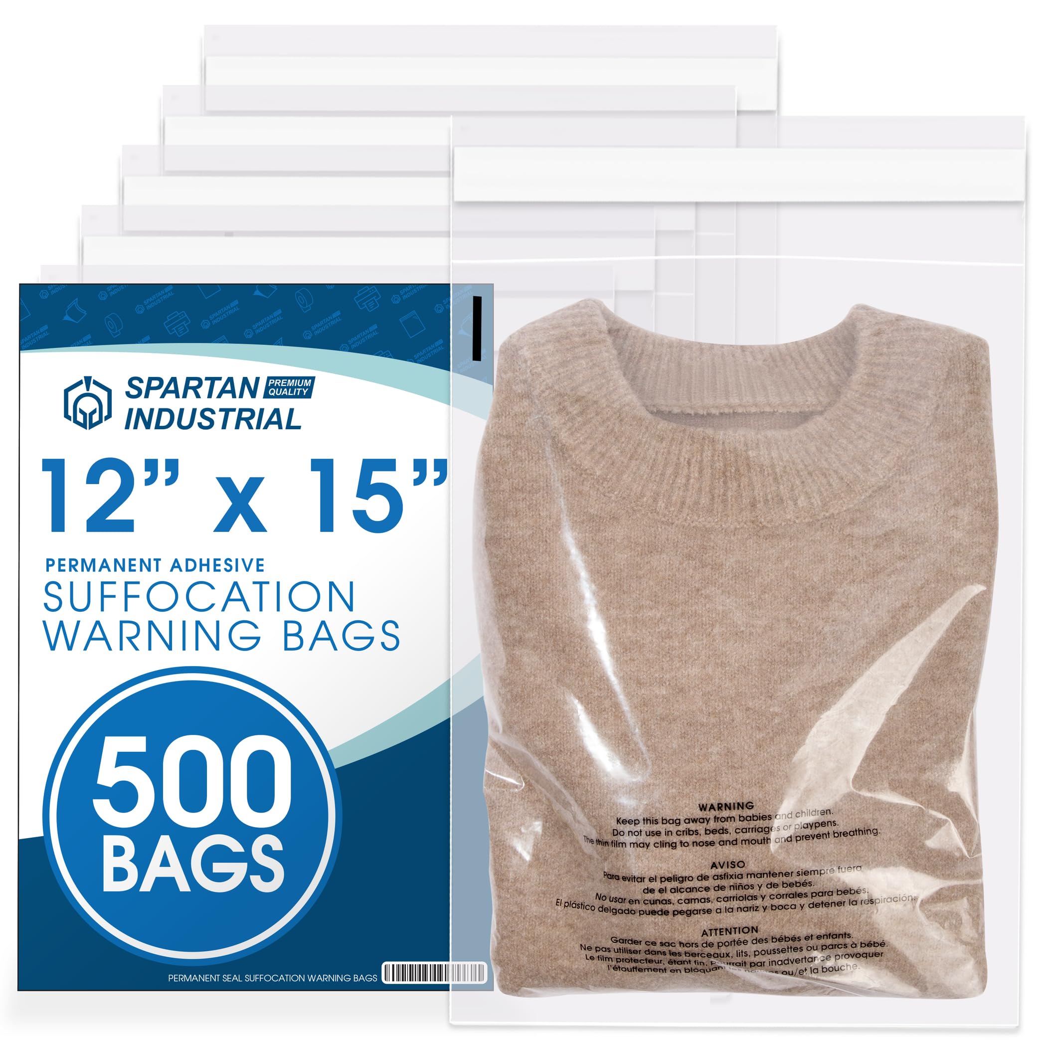 12" X 18" (500 Count) Self Seal Clear Poly Bags with Suffocation Warning | for Packaging and Clothes - Permanent Adhesive - Spartan Industrial