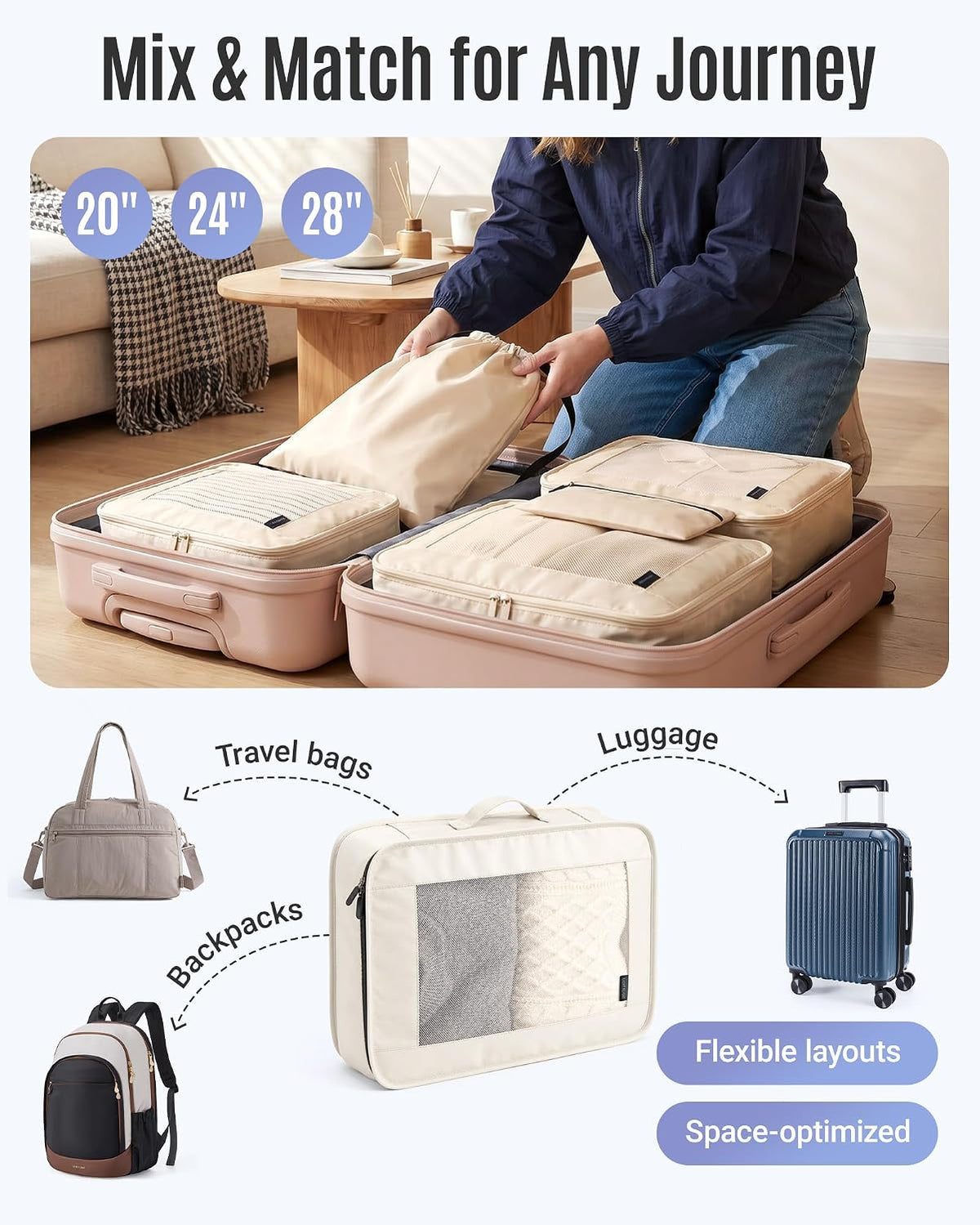 8 Set Packing Cubes for Travel, Cruise Ship Travel Essentials | 8-Pack Packing Bags, Mesh Luggage Organizer Bags & Laundry Shoe Bags for Max Clothing Capacity, Holiday Vacation Camping
