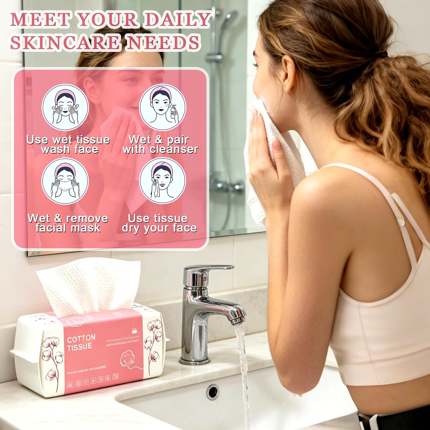 100 Count Disposable Face Towel, Dual-Textured Facial Wash Cloth | Ultra Thick Soft Cotton Disposable Washcloths for Washing & Drying, Facial Tissue for Cleansing, Skincare and Makeup Remover