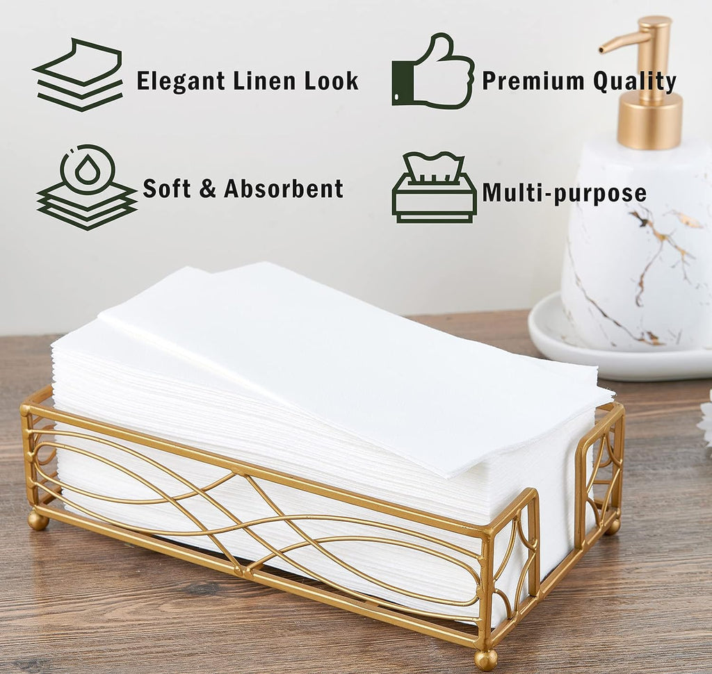 FOCUSLINE 200 Disposable Bathroom Napkins, Linen-Feel Paper Guest Towels, Soft and Absorbent Paper Hand Towels Party Napkins for Bathroom, Kitchen, Dinner, or Event, White, 12" x 17"