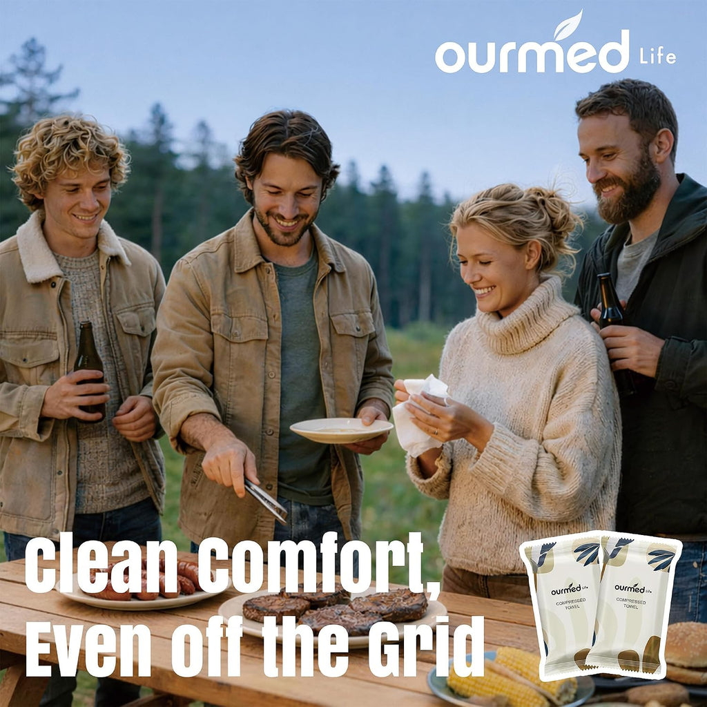 Ourmed Life Compressed Towel, Disposable Washcloths, 12 x 10 Inch, 56 Count | Travel Essential, Individually Wrapped, Biodegradable, Expand with Water, Lint-Free, Dry & Wet Use,Camping and Hiking