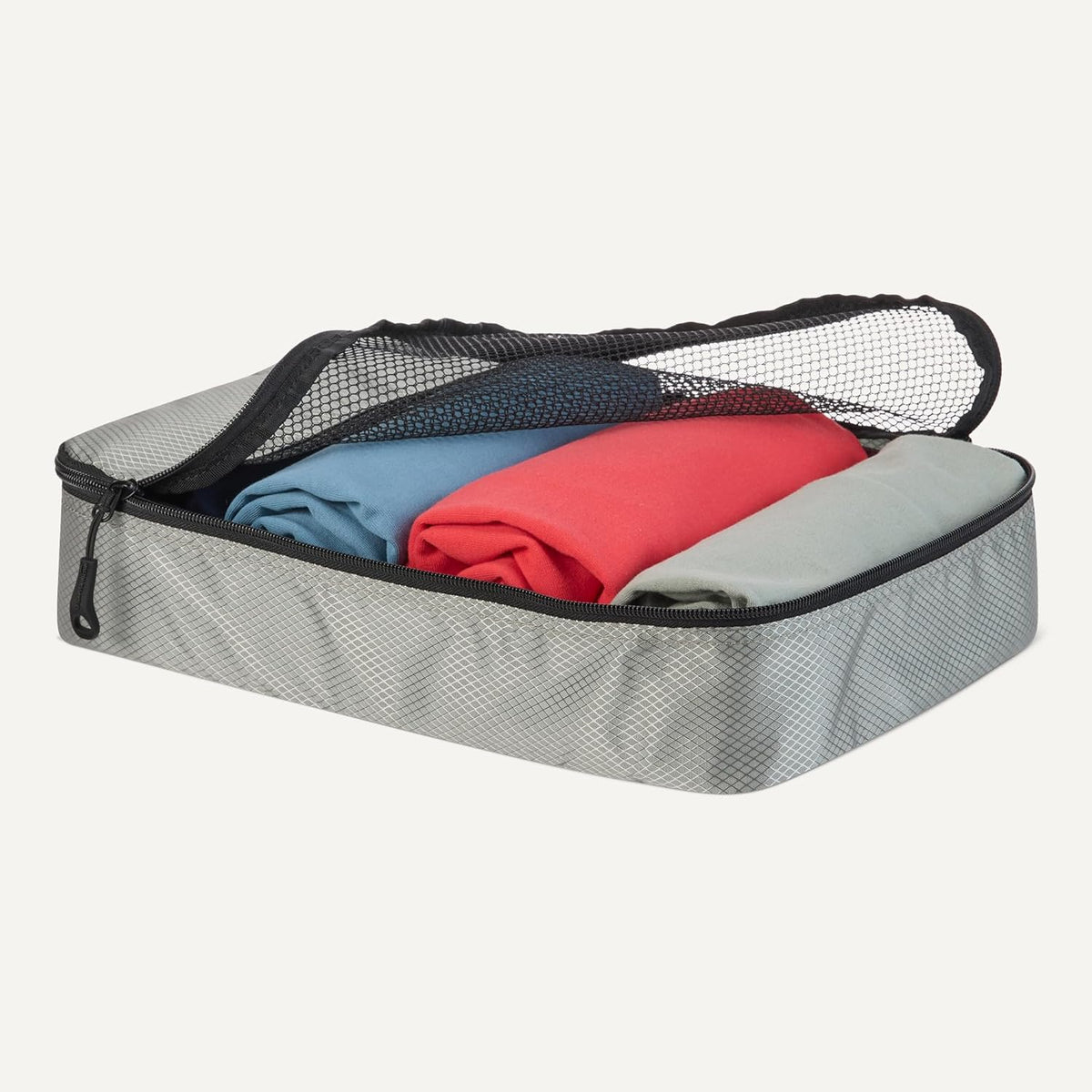 Amazon Essentials 4-Piece Packing Cubes Travel Accessories Set, Space-Saving Luggage Organizer with Double Zipper, Mesh Top Panel, Medium, Gray (Previously Amazon Basics)