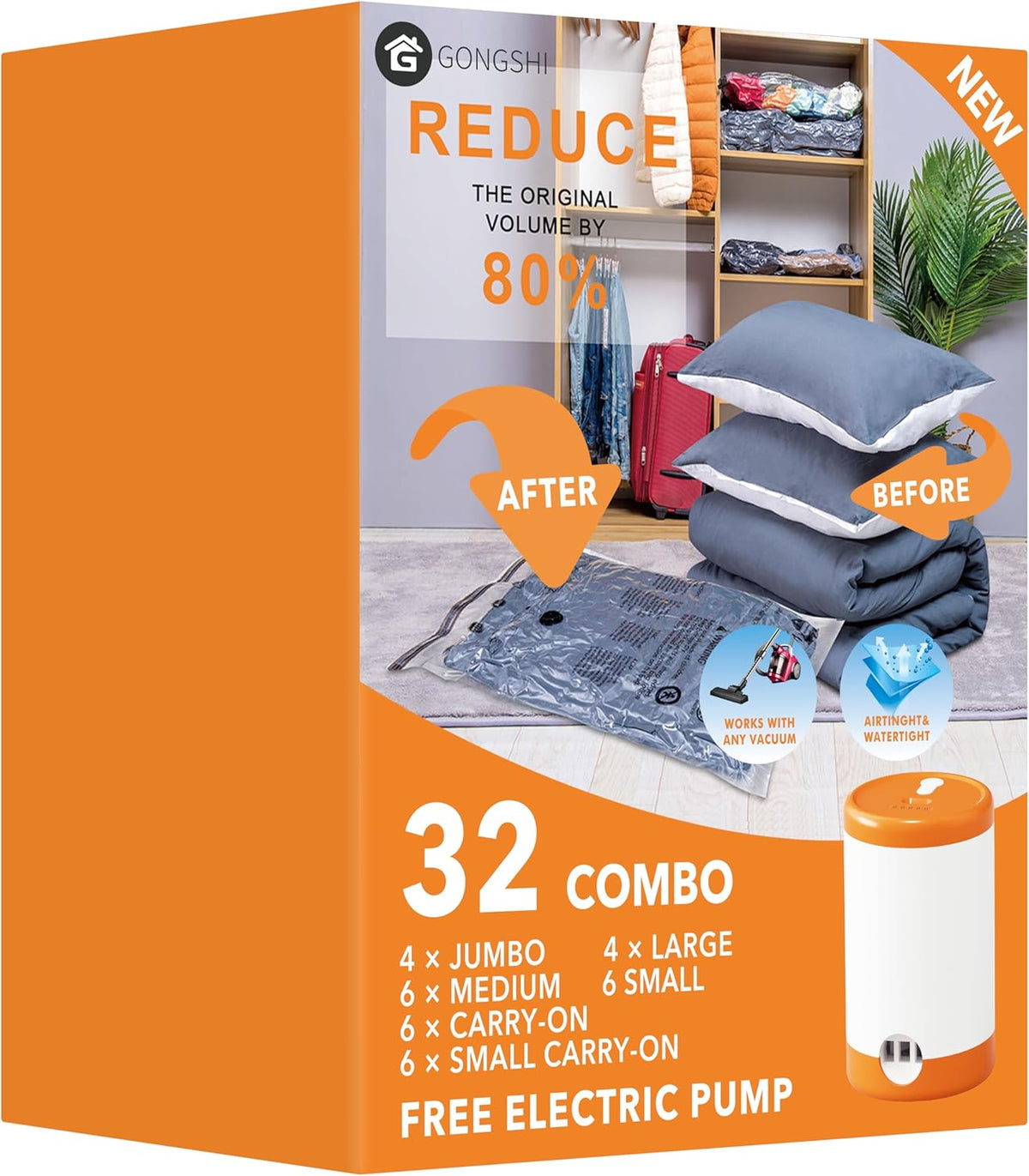 GONGSHI Vacuum Seal Bags for Clothing Travel & Home Storage, Travel Vacuum Bags with Electric Pump,Space Saver for Blankets, Comforters, Pillows, Clothes,32 Combo