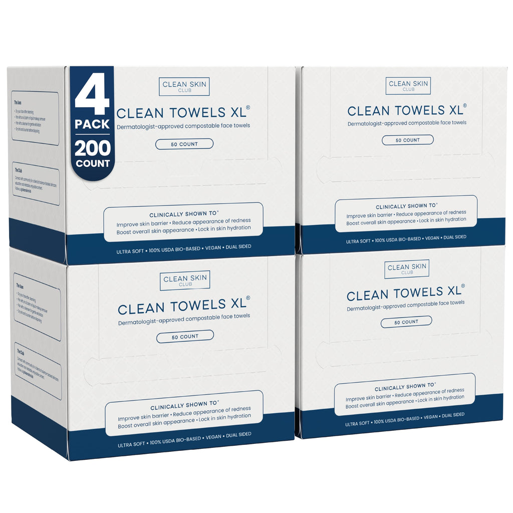 Clean Skin Club Clean Towels XL®, 100% USDA Biobased Face Towel, Disposable Face Towelette, Eczema Association Accepted, Makeup Remover Dry Wipes, Ultra Soft, 50 ct per pack, 2 Packs, 100 Ct Total