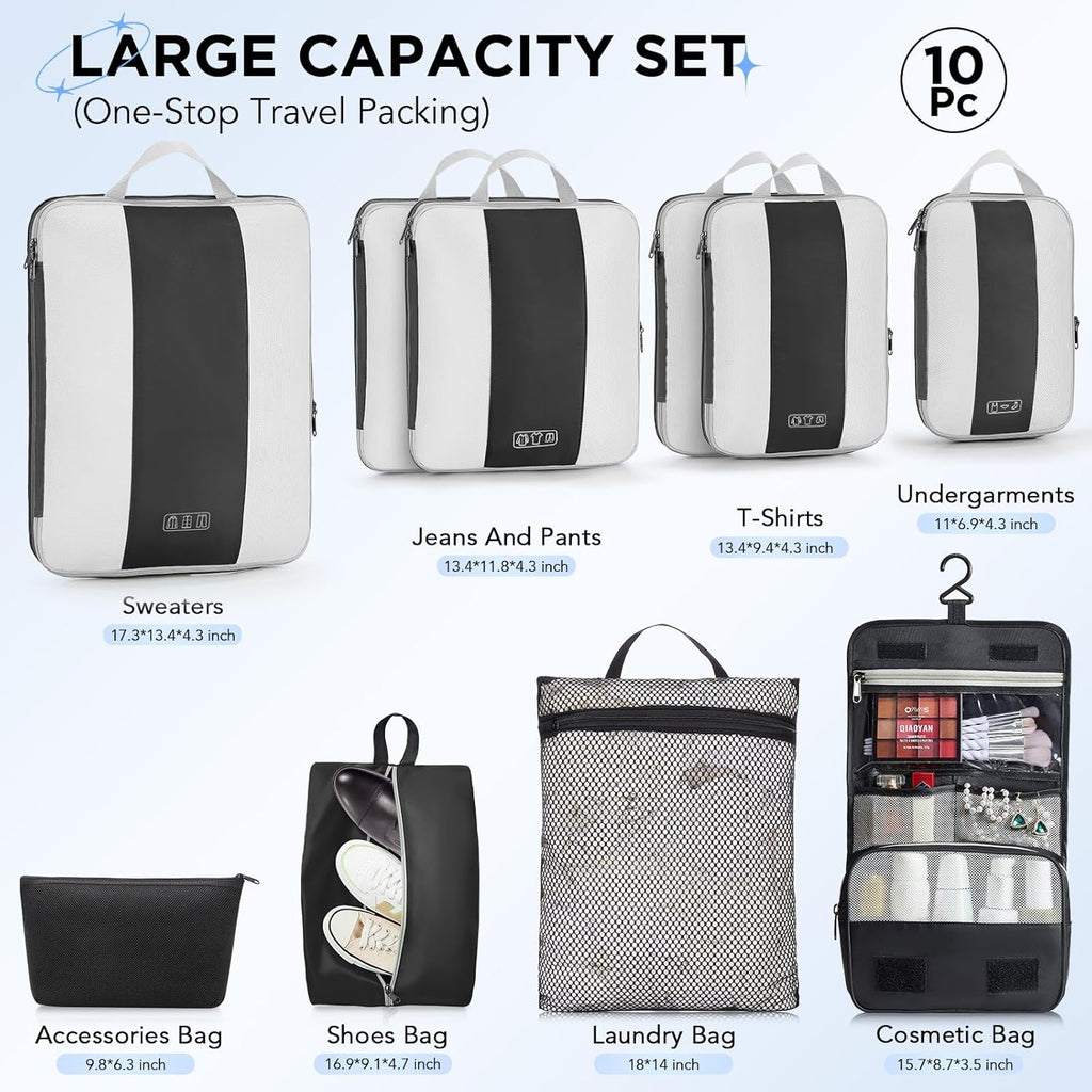 OlarHike 10 Set Compression Packing Cubes for Travel Essentials,Compressible Expandable Space Saver Bags for Organizing Clothes,Luggage Suitcase Garment Bags with Over 1000 pcs Mesh Holes(Black)