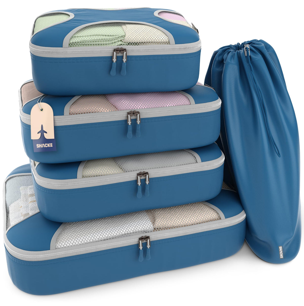 Shacke 5 Set Packing Cubes for Travel with Laundry Bag (Pure Black) | Suitcase Organizer Bags Set: 4 Water-Resistant Luggage Cubes, XL to Small, + Laundry Bag for Carry-On or Checked