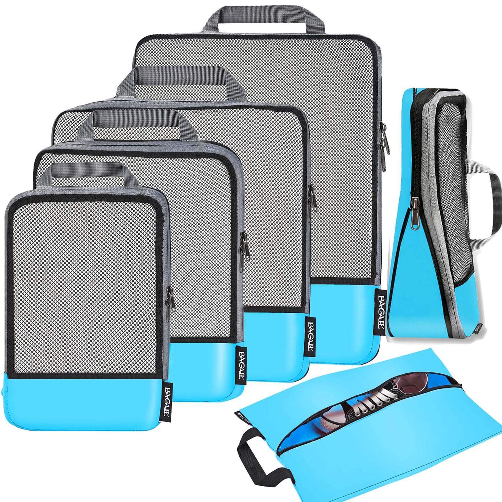 BAGAIL 4 Set/6 Set/8 Set Compression Packing Cubes Travel Accessories Expandable Packing Organizers (Half Mesh, 6-Black)