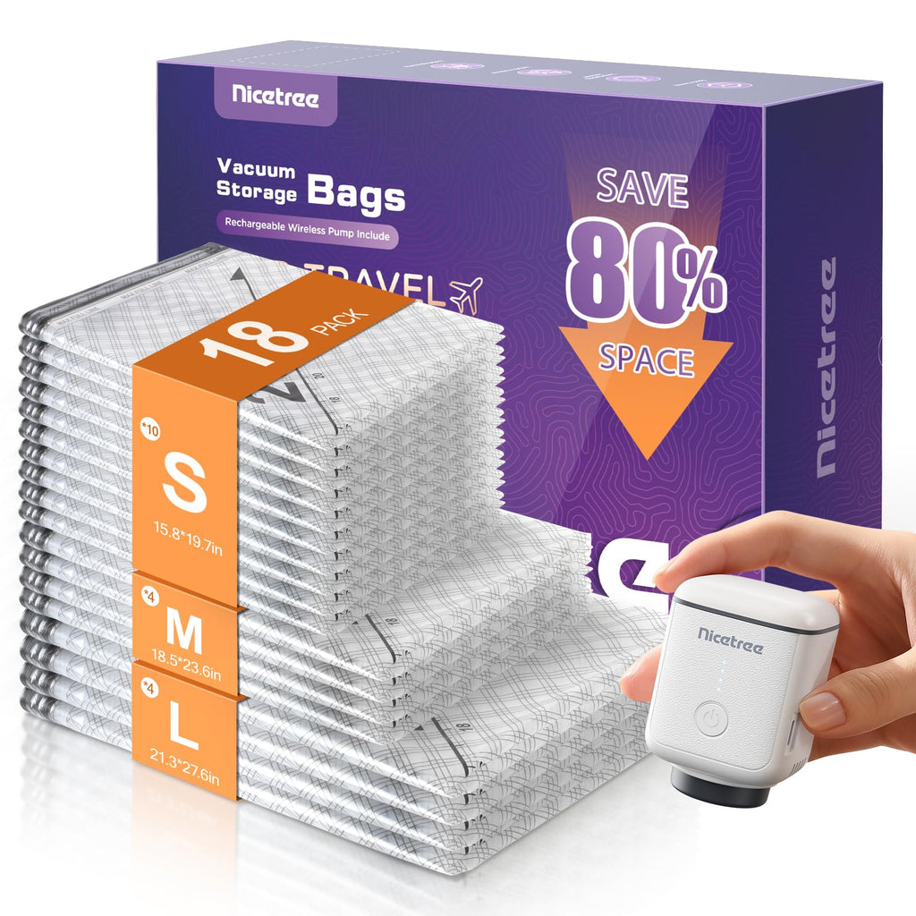 18-Pack Vacuum Bags for Travel with Rechargeable Pump, 3 Sizes | Compression Packing Bags for Carry-On Luggage and Suitcases. Space Saver Vacuum Seal Bags for Clothing and Home Storage