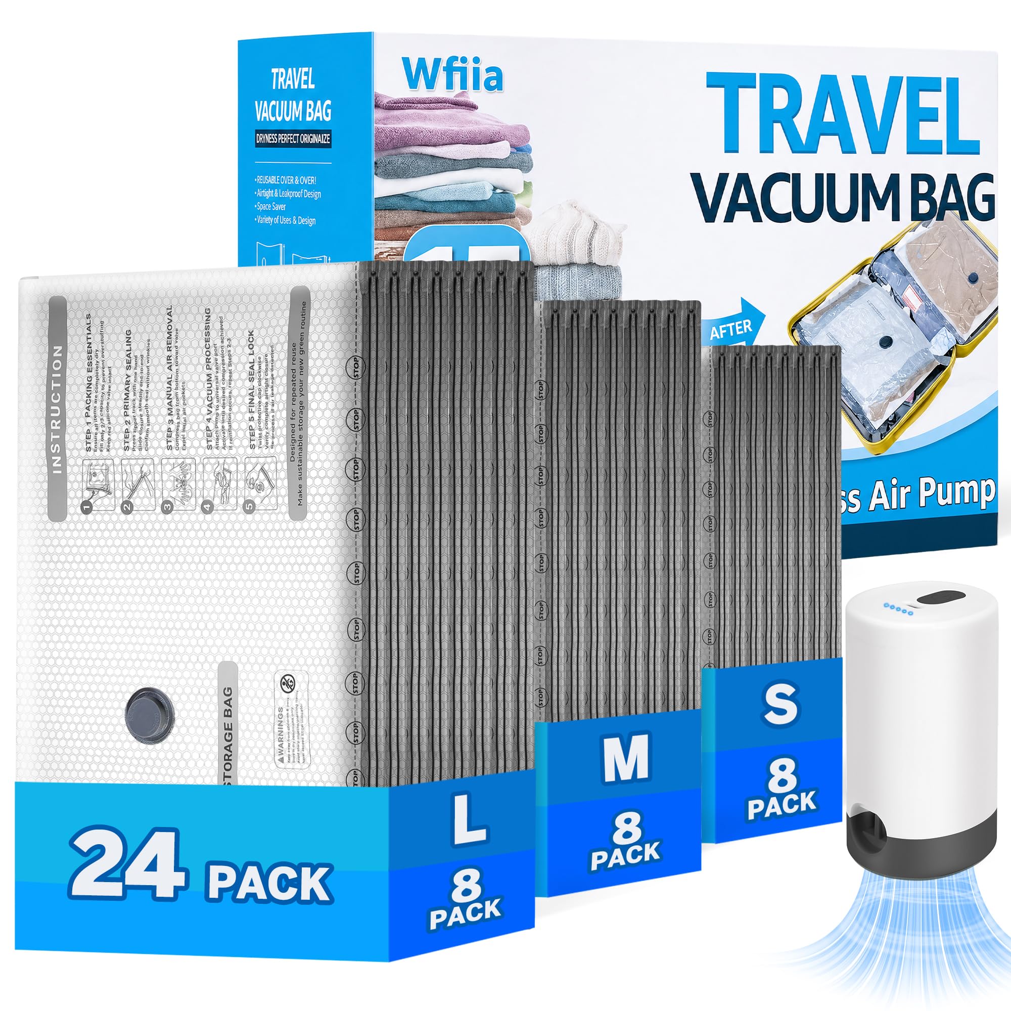 15+1 Packs Vacuum Bags for Travel with Rechargeable Pump, 3 Sizes Vacuum Seal Bags for Clothing, Compression Vacuum Travel Bags for Luggage, Vacuum Packing Bags for Closet Organization