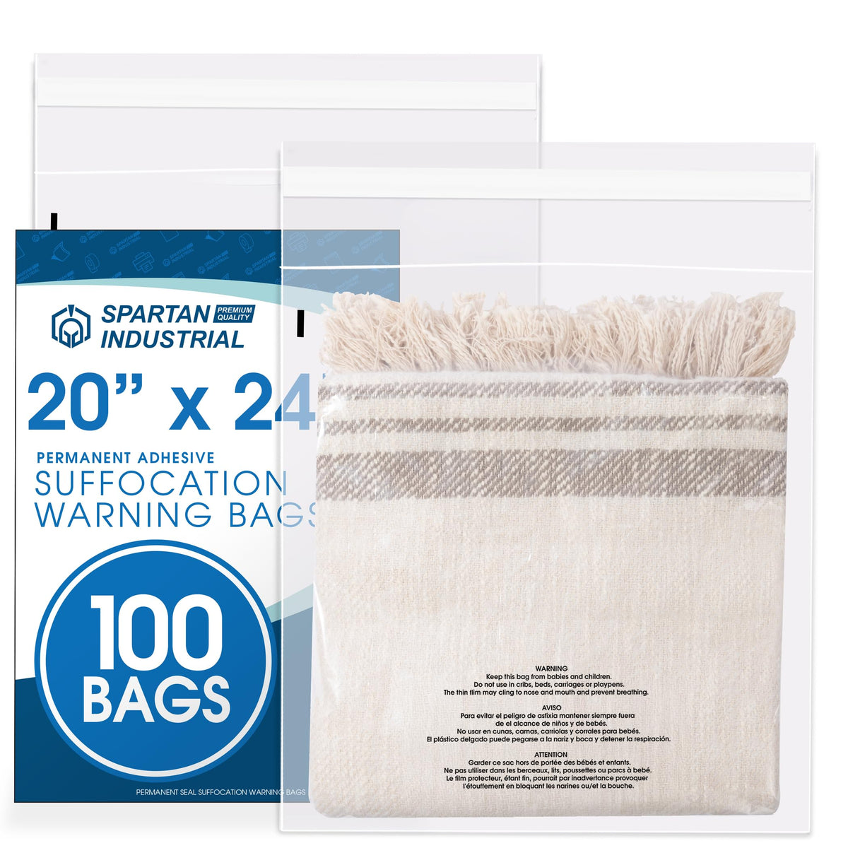 12" X 18" (500 Count) Self Seal Clear Poly Bags with Suffocation Warning | for Packaging and Clothes - Permanent Adhesive - Spartan Industrial