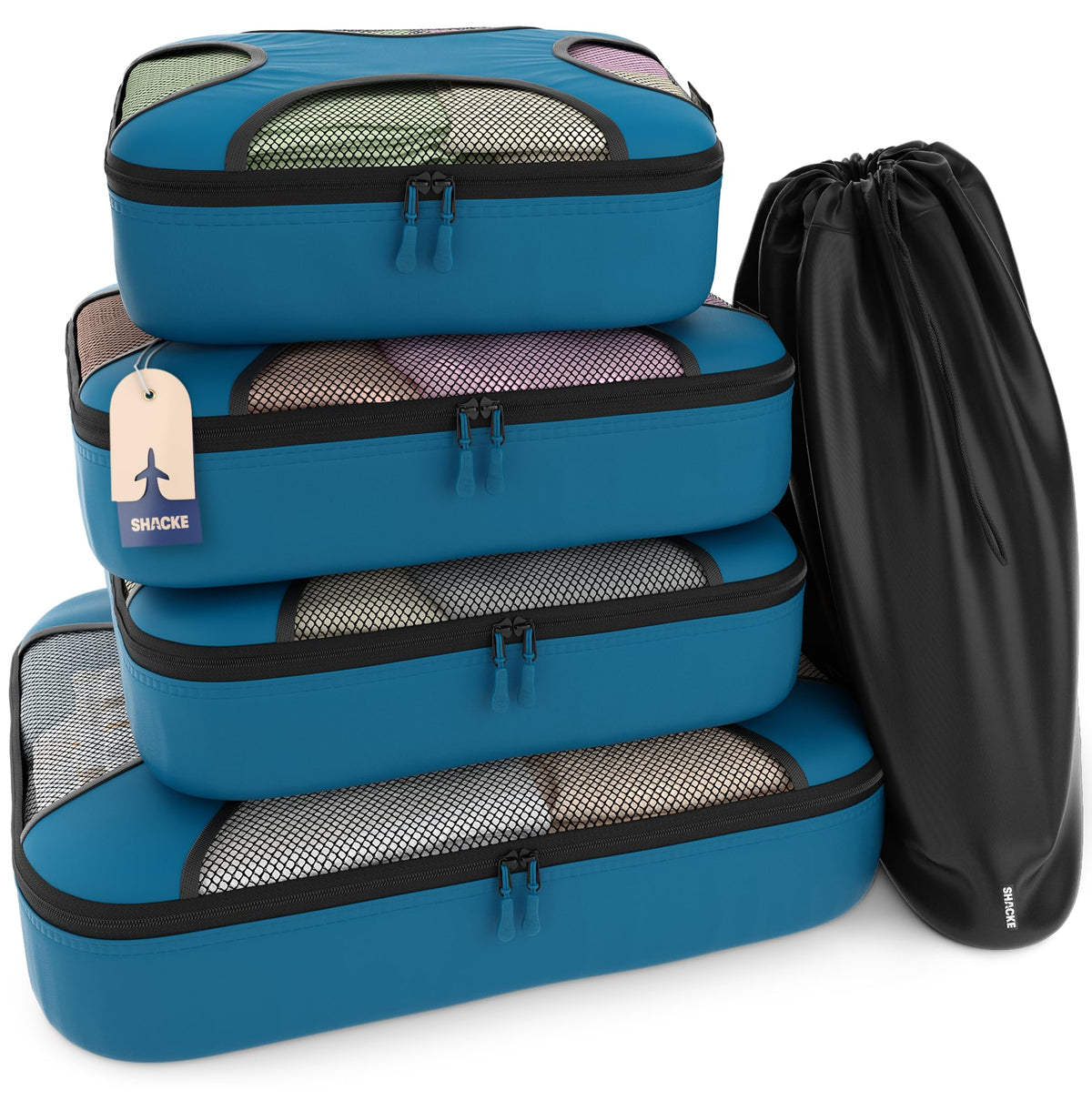 Shacke 5 Set Packing Cubes for Travel with Laundry Bag (Pure Black) | Suitcase Organizer Bags Set: 4 Water-Resistant Luggage Cubes, XL to Small, + Laundry Bag for Carry-On or Checked