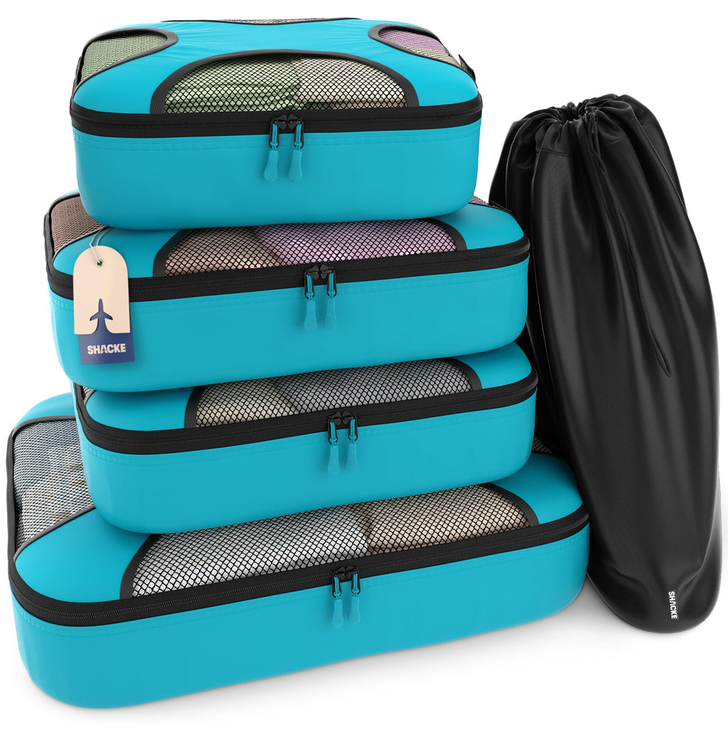 Shacke 5 Set Packing Cubes for Travel with Laundry Bag (Pure Black) | Suitcase Organizer Bags Set: 4 Water-Resistant Luggage Cubes, XL to Small, + Laundry Bag for Carry-On or Checked