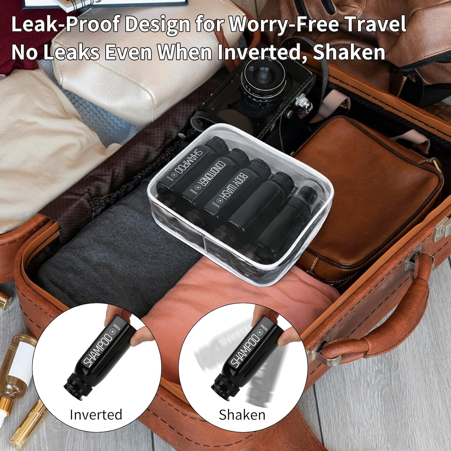 Cosywell Travel Bottles for Toiletries 10PCS 100ml/3.4oz Pre-Printed Shampoo, Conditioner & Body Wash TSA Approved 2oz Spray Bottle Leakproof 0.35oz Plastic Cream Jars Refillable Cream Lotion(Black)