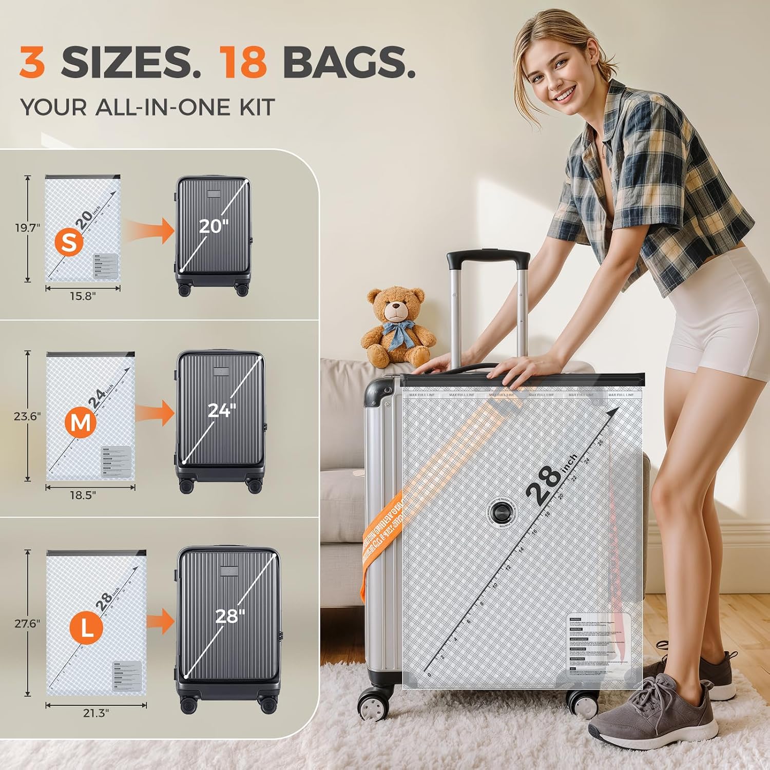 18-Pack Vacuum Bags for Travel with Rechargeable Pump, 3 Sizes | Compression Packing Bags for Carry-On Luggage and Suitcases. Space Saver Vacuum Seal Bags for Clothing and Home Storage