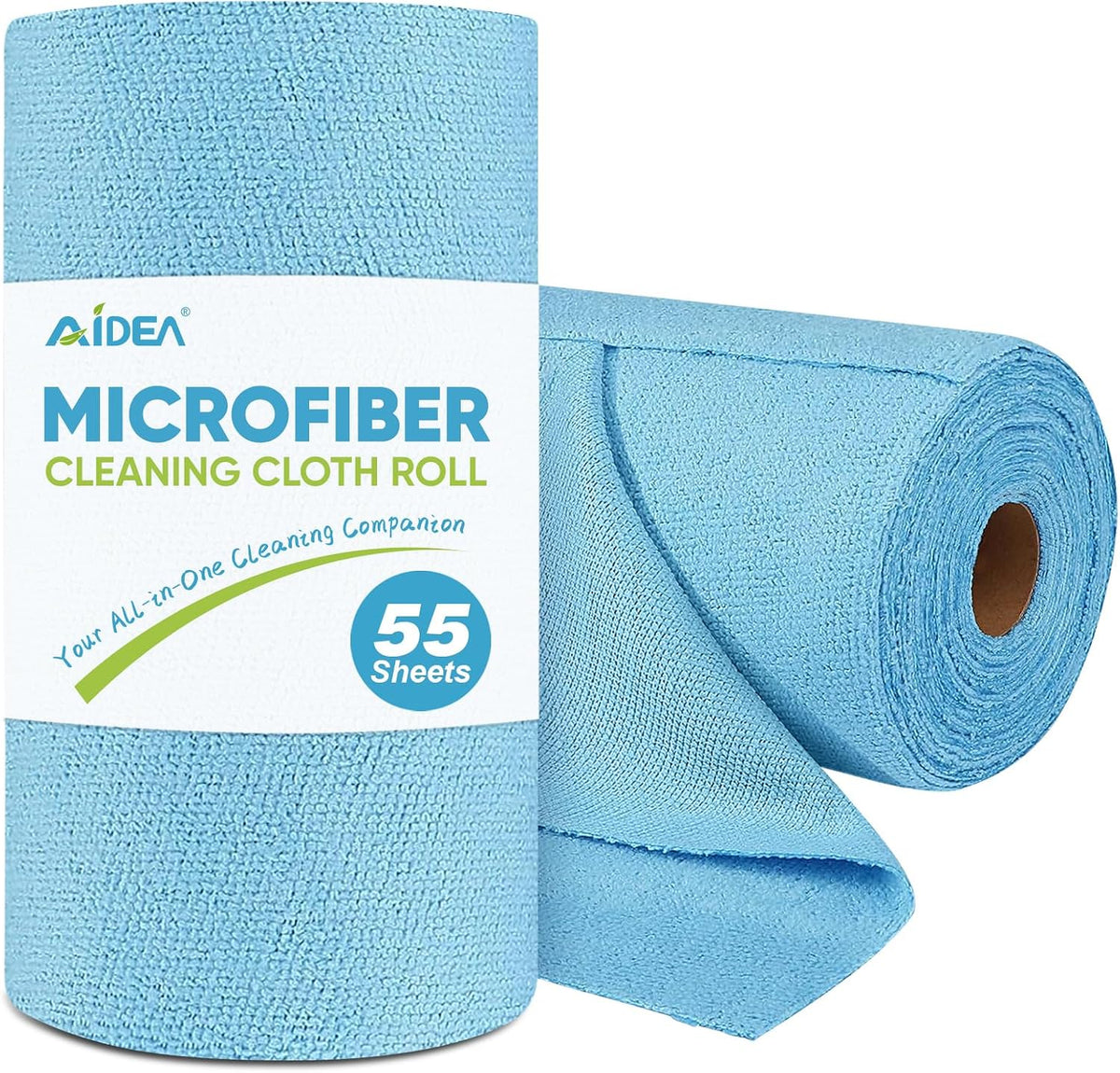 AIDEA Microfiber Cleaning Cloth Roll, Blue Shop Towels 55 Sheets 11×9" | Reusable Paper Towels, Microfiber Towels for Cars, Microfiber Rags for Automotive,Workshop, House, Kitchen, Cleaning Supplies