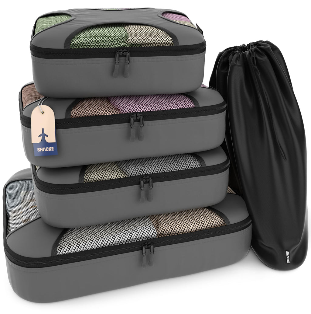 Shacke 5 Set Packing Cubes for Travel with Laundry Bag (Pure Black) | Suitcase Organizer Bags Set: 4 Water-Resistant Luggage Cubes, XL to Small, + Laundry Bag for Carry-On or Checked