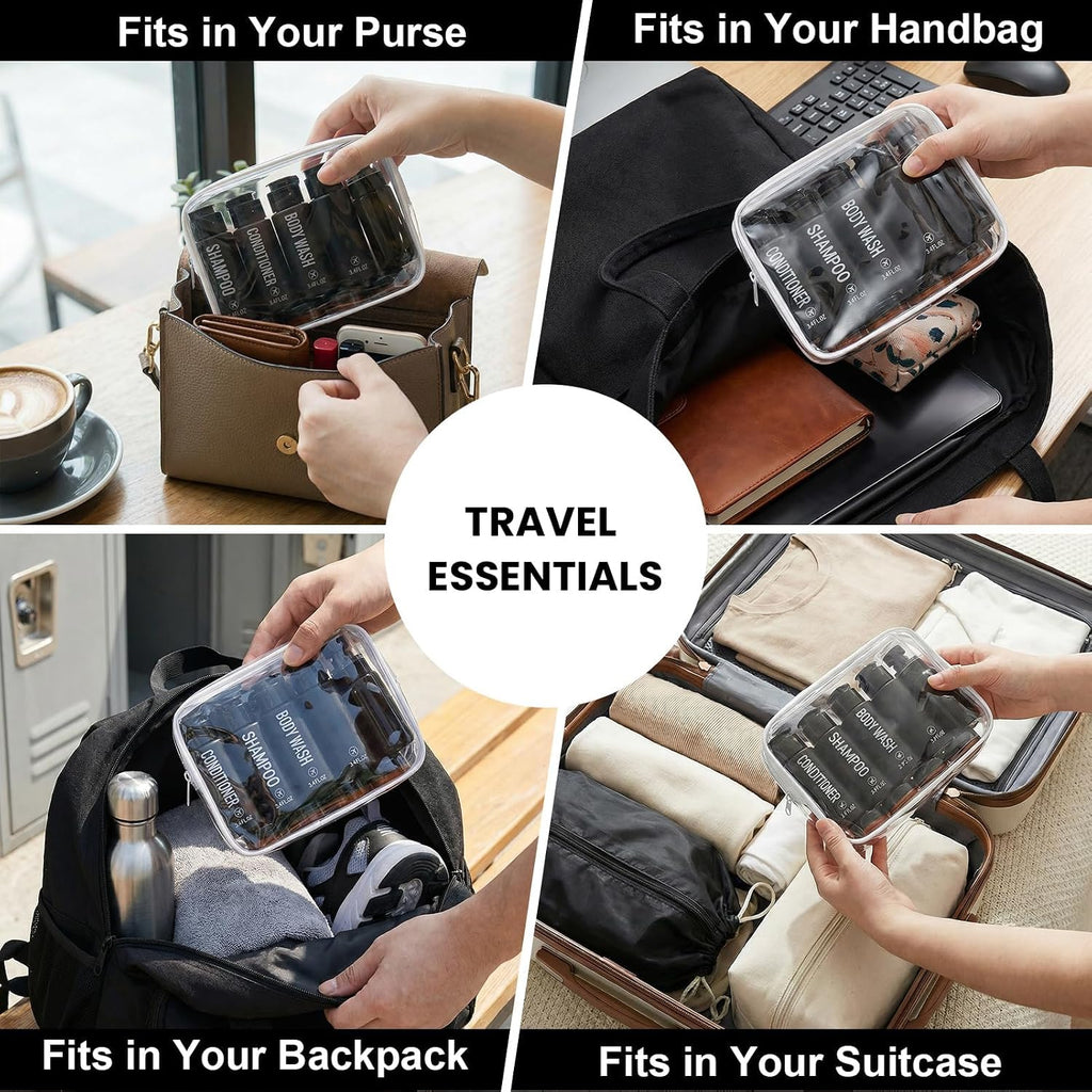 Travel Bottles for Toiletries 14PCS 3.4oz Pre-Printed Containers | Pre-Printed Shampoo, Conditioner, Body Wash, TSA Approved, Wide Mouth, Leak Proof Black Kit, Travel Spray Bottle, Cream Jars