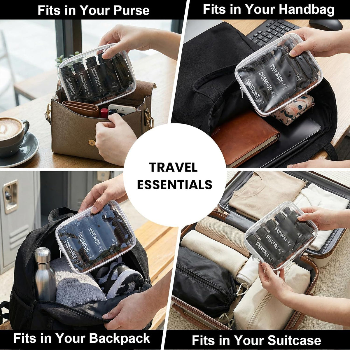 Travel Bottles for Toiletries 14PCS 3.4oz Pre-Printed Containers | Pre-Printed Shampoo, Conditioner, Body Wash, TSA Approved, Wide Mouth, Leak Proof Black Kit, Travel Spray Bottle, Cream Jars