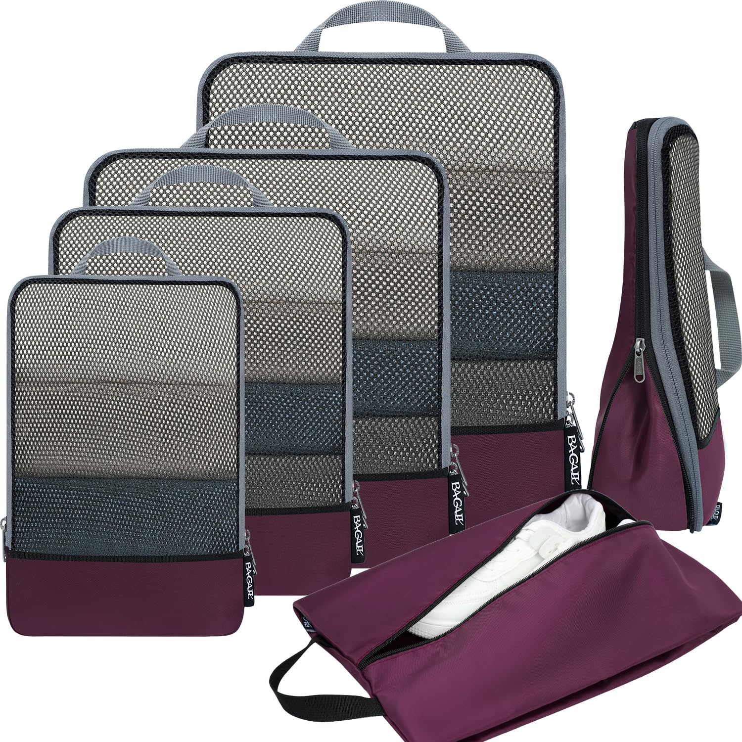 BAGAIL 4 Set/6 Set/8 Set Compression Packing Cubes Travel Accessories Expandable Packing Organizers (Half Mesh, 6-Black)