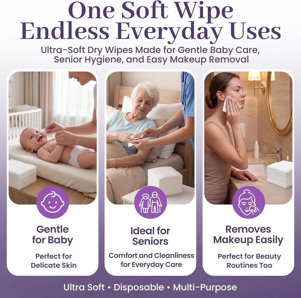 Disposable Dry Wipes, 100 Pack – Ultra Soft Non-Moistened Cleansing Cloths for Adults, Incontinence, Baby Care, Makeup Removal – 9.5" x 13.5" - Hospital Grade, Durable – by ProHeal