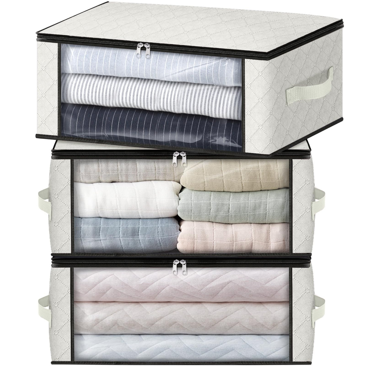 HomeHacks 3-Pack Clothes Organizer Storage Bags, 35L Storage Bins, Gray | Foldable Storage Box Container with Zippers, Clear Window, Reinforced Handles for Closet, Dorm, Pillows, Bedding, Sweater