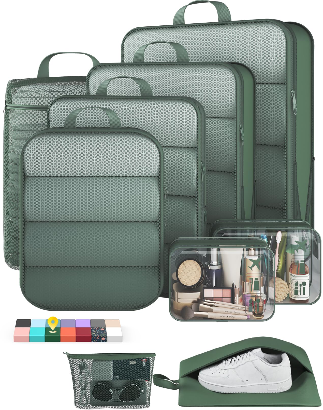 Veken 9/11 Set Compression Packing Cubes Garment Bags for Travel Essentials,Compressible Expandable Luggage Organizer Bags for Clothing,Space Saver Bags with Over 1000 pcs of Mesh Holes(Beige)