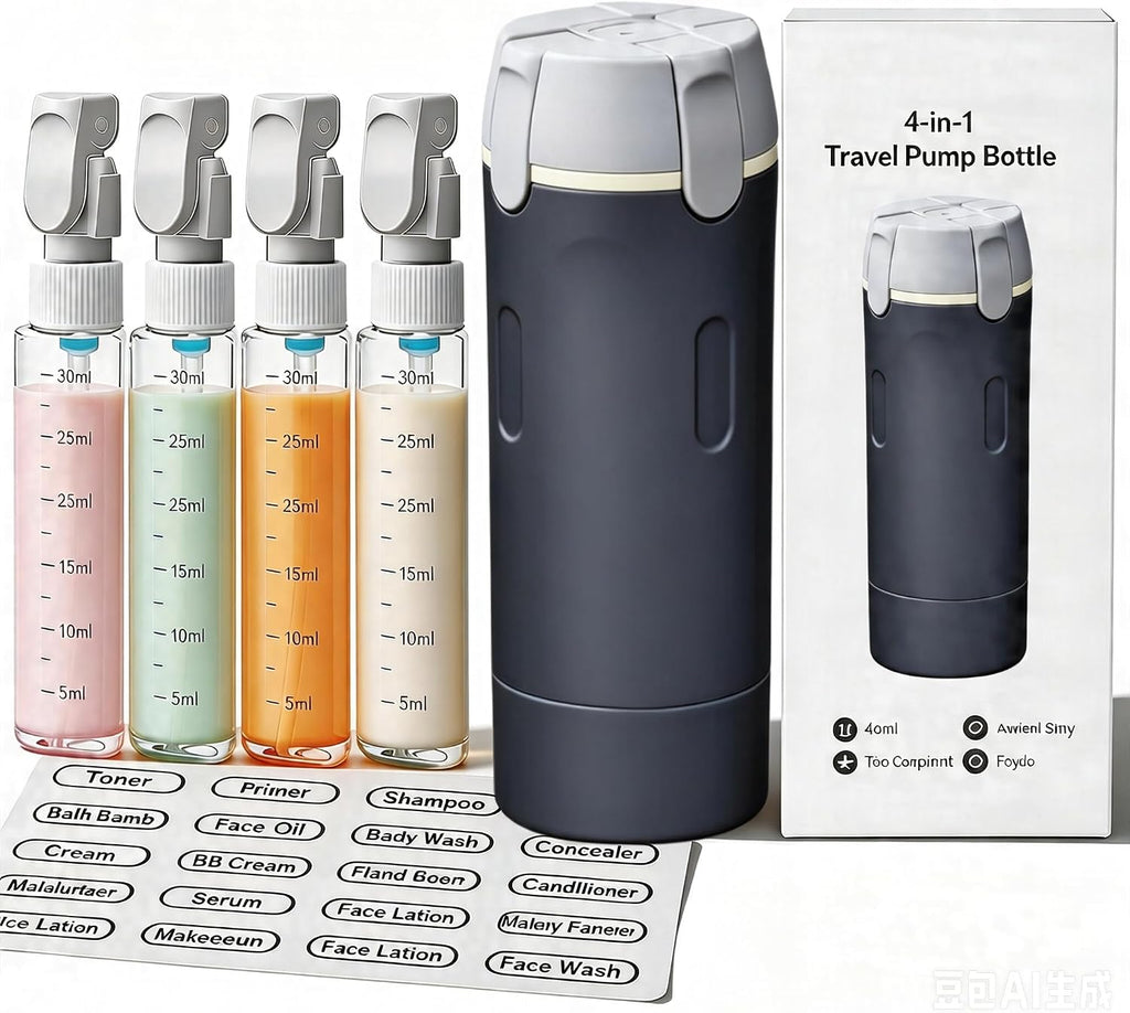 4 in 1 Travel Dispenser Bottle,4 Pack 30ML Travel Bottles for Toiletries, Leak Proof Travel Size Containers (Black, OneSize)