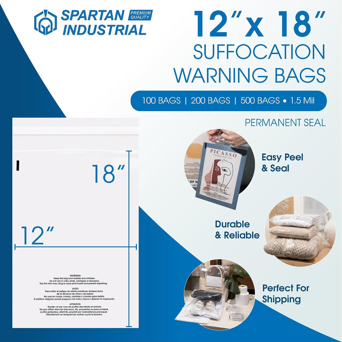 12" X 18" (500 Count) Self Seal Clear Poly Bags with Suffocation Warning | for Packaging and Clothes - Permanent Adhesive - Spartan Industrial