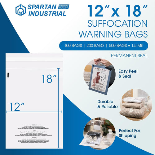 12" X 18" (500 Count) Self Seal Clear Poly Bags with Suffocation Warning | for Packaging and Clothes - Permanent Adhesive - Spartan Industrial