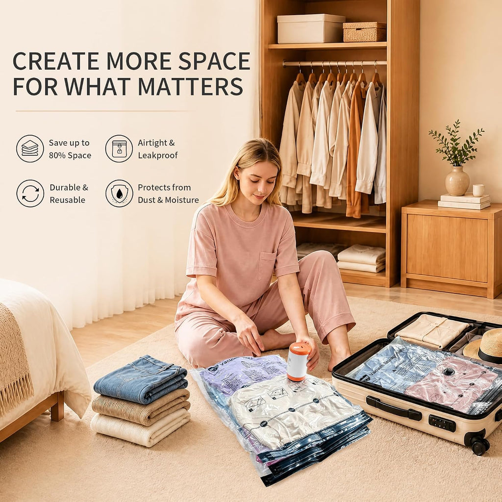 GONGSHI Vacuum Seal Bags for Clothing Travel & Home Storage, Travel Vacuum Bags with Electric Pump,Space Saver for Blankets, Comforters, Pillows, Clothes,32 Combo