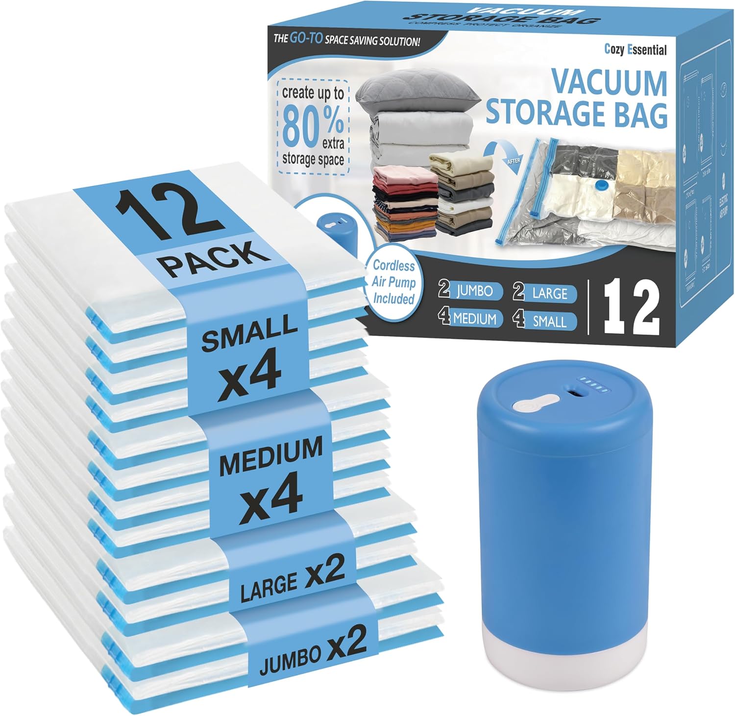 Travel Vacuum Storage Bags with Rechargeable Cordless USB Pump, 12 Combo | Space Saver Bags for Luggage, Suitcase, Carry-On, for Clothes, Blankets, Bedding & Seasonal Storage