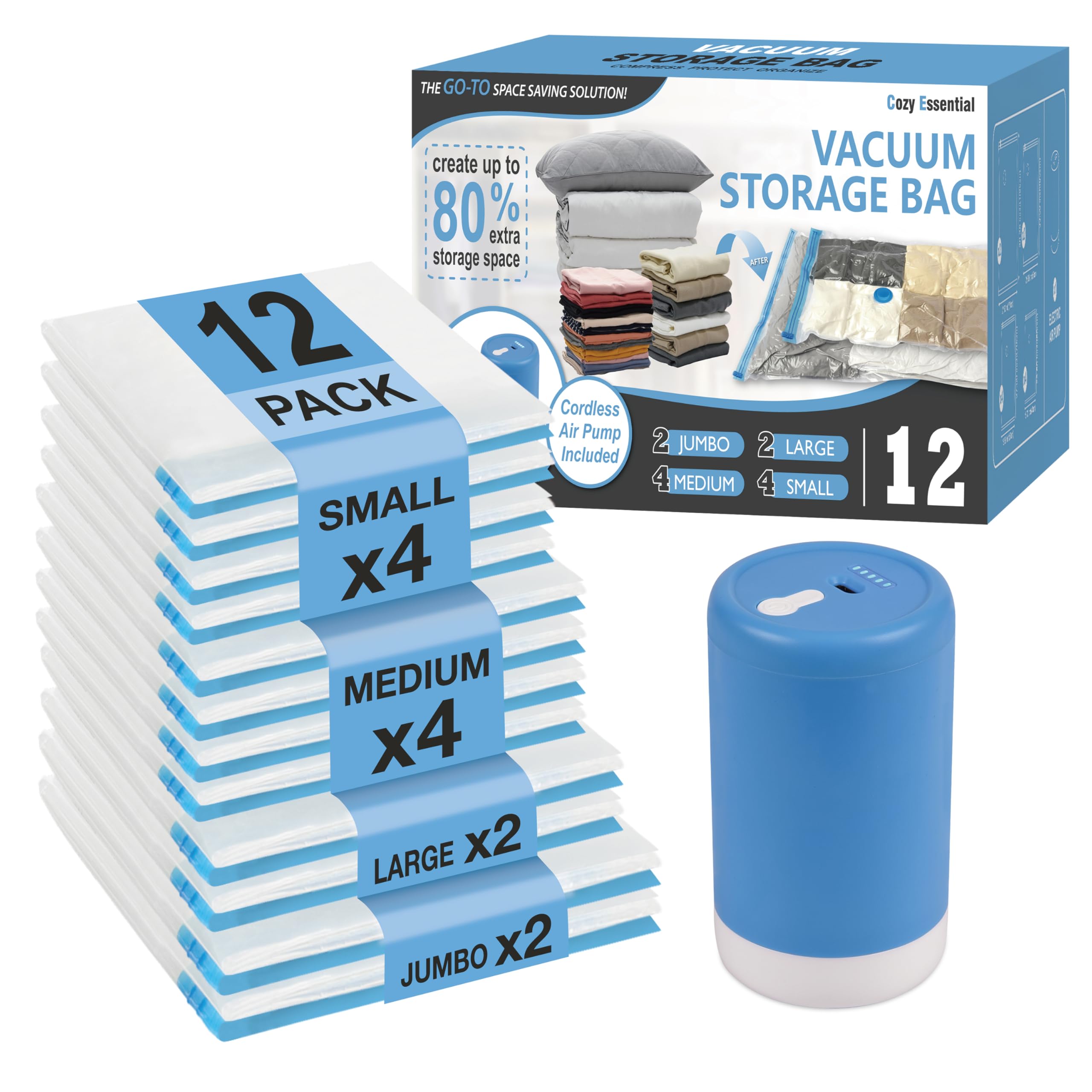 Travel Vacuum Storage Bags with Rechargeable Cordless USB Pump, 12 Combo | Space Saver Bags for Luggage, Suitcase, Carry-On, for Clothes, Blankets, Bedding & Seasonal Storage