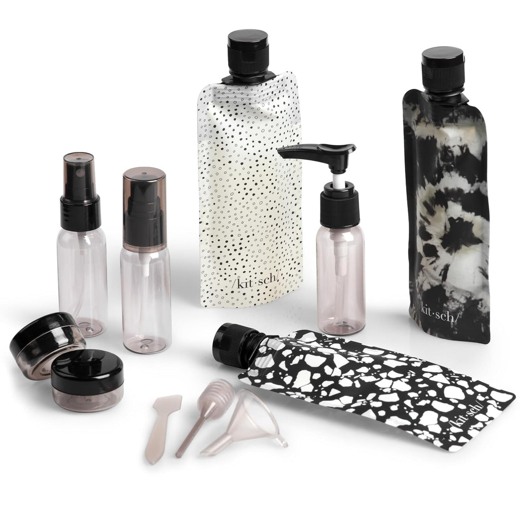 Kitsch 11 PCS Containers Travel Size Toiletries - Black & Ivory | Travel Essentials Kit for Shampoo, & More - TSA Approved Travel Bottles, Leak-Proof Refillable Travel Containers