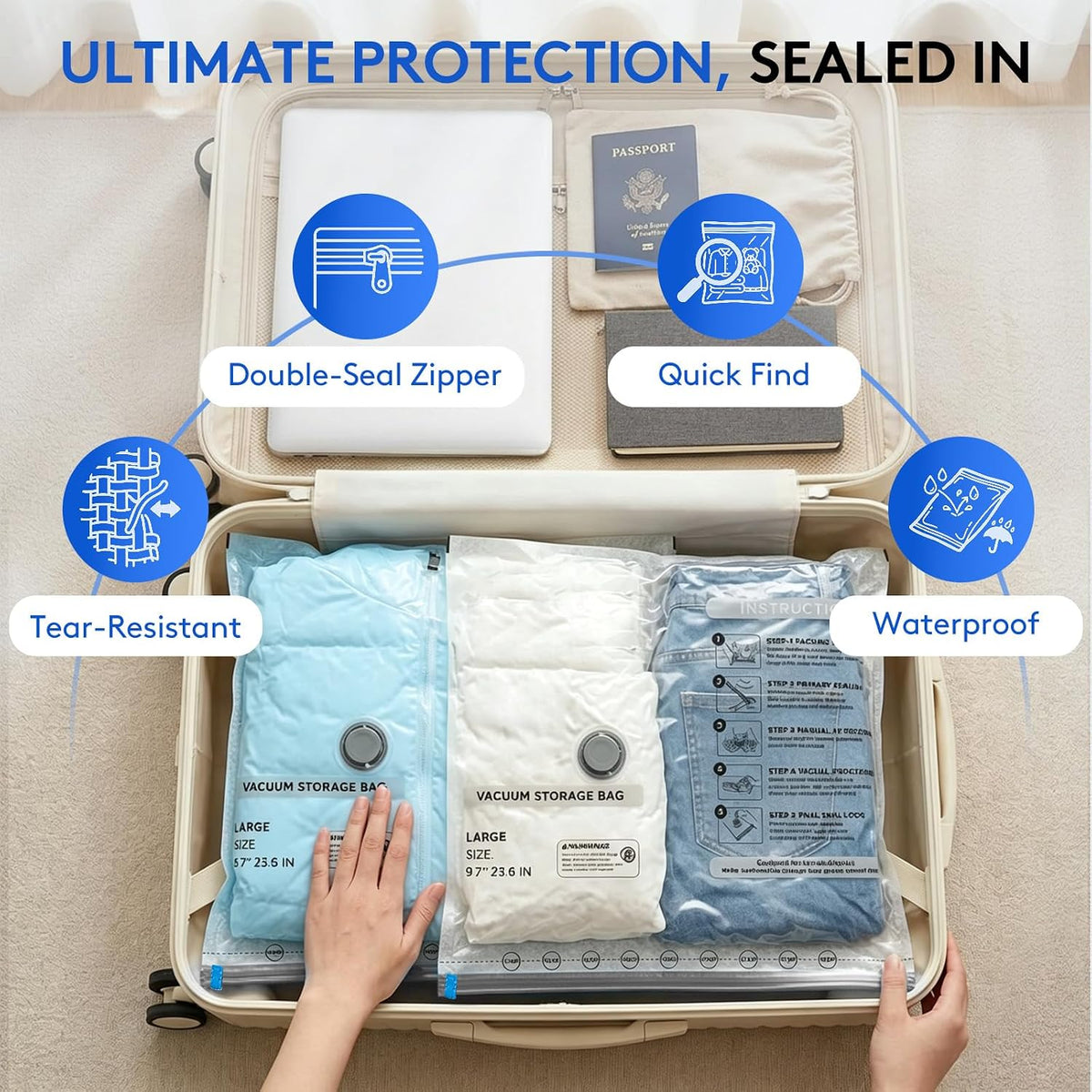 15+1 Packs Vacuum Bags for Travel with Rechargeable Pump, 3 Sizes Vacuum Seal Bags for Clothing, Compression Vacuum Travel Bags for Luggage, Vacuum Packing Bags for Closet Organization