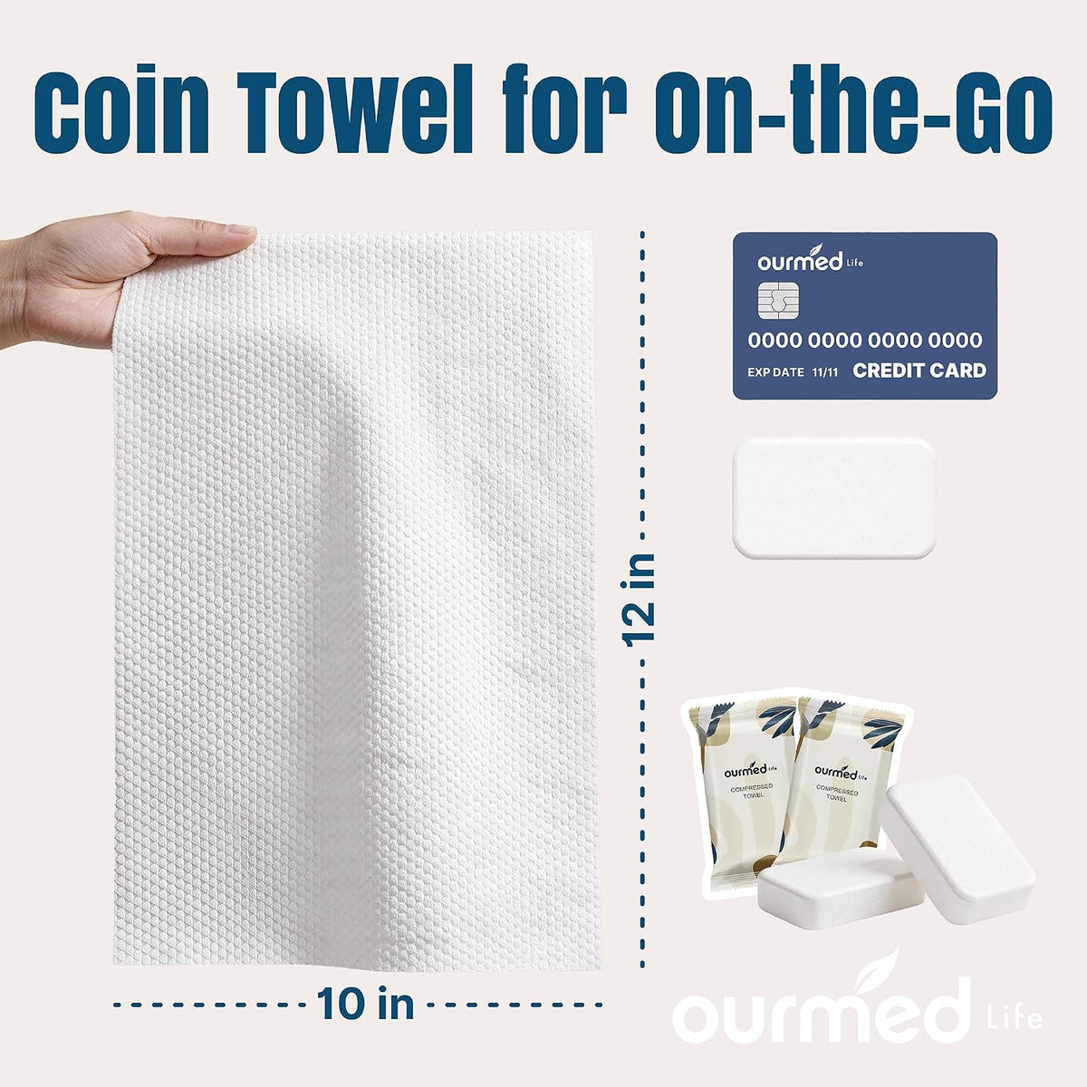 Ourmed Life Compressed Towel, Disposable Washcloths, 12 x 10 Inch, 56 Count | Travel Essential, Individually Wrapped, Biodegradable, Expand with Water, Lint-Free, Dry & Wet Use,Camping and Hiking