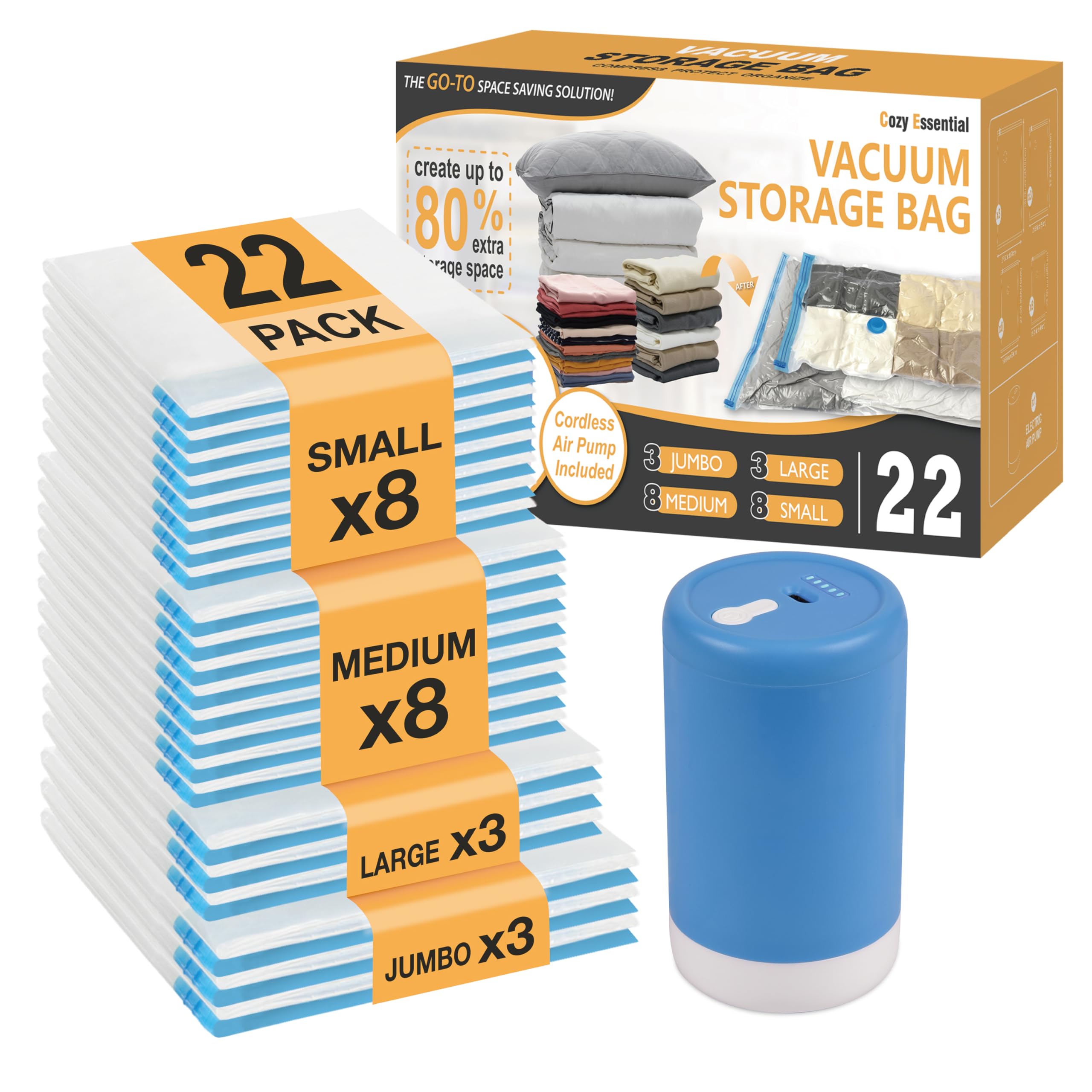 Travel Vacuum Storage Bags with Rechargeable Cordless USB Pump, 12 Combo | Space Saver Bags for Luggage, Suitcase, Carry-On, for Clothes, Blankets, Bedding & Seasonal Storage