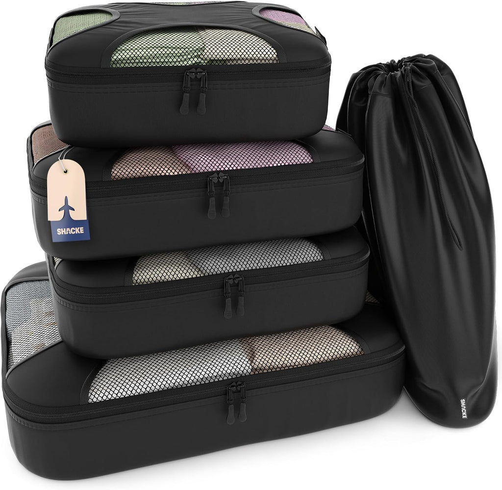 Shacke 5 Set Packing Cubes for Travel with Laundry Bag (Pure Black) | Suitcase Organizer Bags Set: 4 Water-Resistant Luggage Cubes, XL to Small, + Laundry Bag for Carry-On or Checked