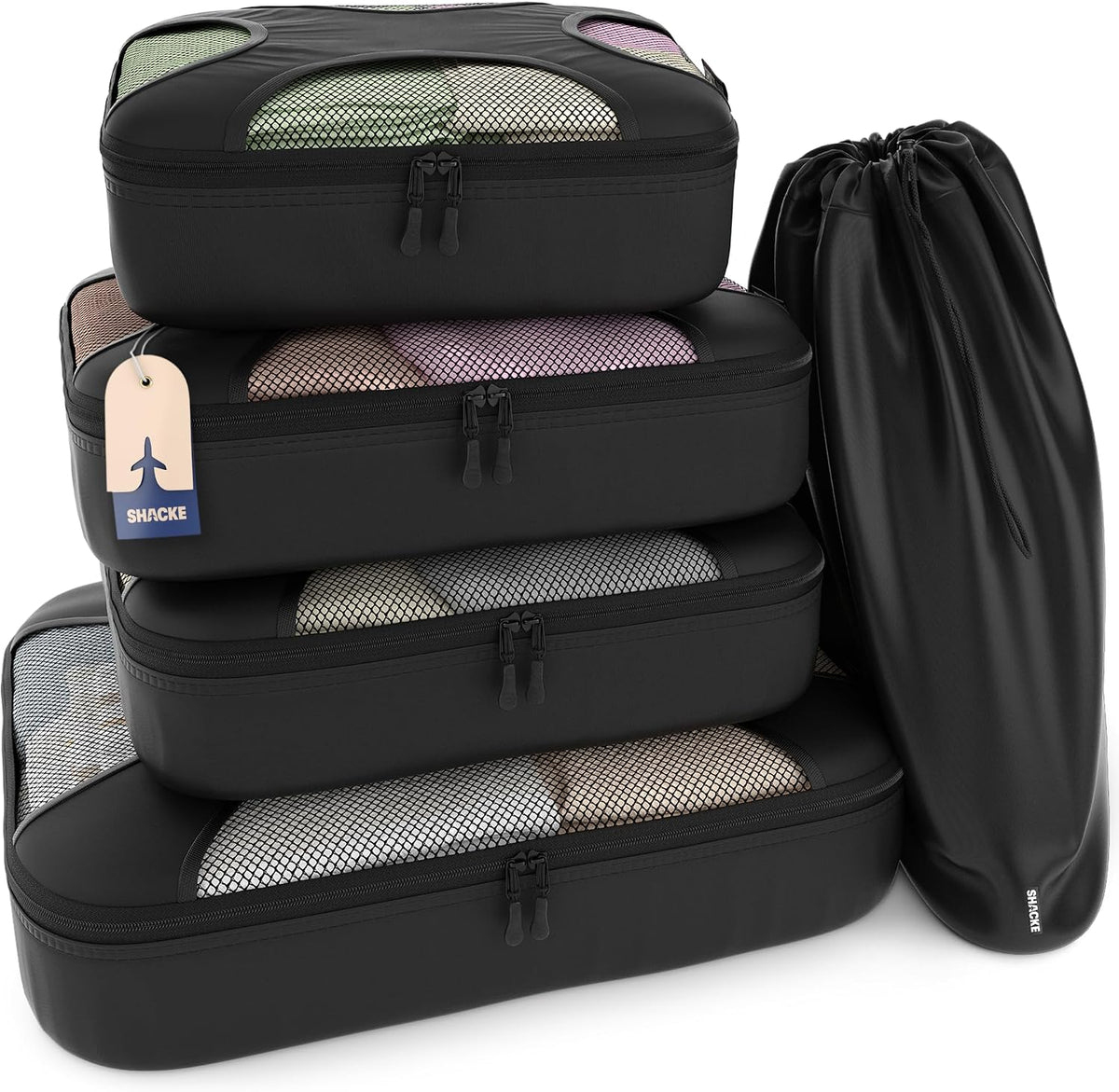 Shacke 5 Set Packing Cubes for Travel with Laundry Bag (Pure Black) | Suitcase Organizer Bags Set: 4 Water-Resistant Luggage Cubes, XL to Small, + Laundry Bag for Carry-On or Checked